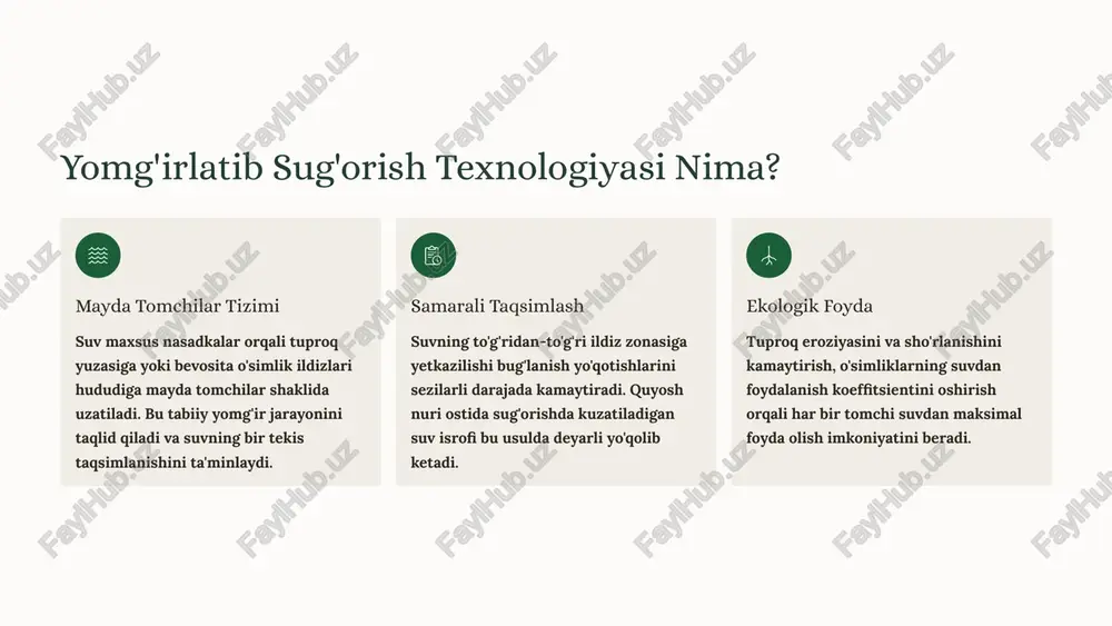 rish "yomg'irlatib sug'orish tizimini o'rnatganimizdan so'ng, suv sarfimiz 40% ga kamaydi, hosil esa 25% ga oshdi. bu texnologiya bizning fermer xo'jaligimizni butunlay o'zgartirdi." toshkent viloyati tajribasi toshkent viloyatidagi mevali bog'larda amalga oshirilgan pilot loyihada yomg'irlatib sug'orish tizimi o'rnatildi. natijalar hayratlanarli bo'ldi: suv sarfi 40% ga kamaydi, hosil hajmi 25% ga oshdi va fermerlarning yillik daromadi sezilarli darajada ko'paydi. bu muvaffaqiyat o'zbekiston hukumatini suv tejamkor texnologiyalarni yanada keng ko'lamda joriy etishga undadi. xalqaro hamkorlik shvetsariya rivojlanish agentligi (sdc) bilan hamkorlikda amalga oshirilgan milliy loyiha doirasida o'zbekistonning turli viloyatlarida yomg'irlatib sug'orish tizimlari o'rnatildi. loyiha fermerlarni zamonaviy texnologiyalardan foydalanishga o'rgatish, moliyaviy yordam ko'rsatish va texnik xizmat ko'rsatish infrastrukturasini yaratishni o'z ichiga oladi. yomg'irlatib sug'orishning atrof-muhitga ta'siri tuproq sog'lomligi tuproq eroziyasini kamaytiradi, tuproq tuzilmasini va organik moddalar miqdorini saqlaydi. tuproq mikroorganizmlari uchun qulay muhit yaratiladi. suv resurslari suv resurslarini tejash orqali ekologik barqarorlikni ta'minlaydi. yer osti suvlari sathining pasayishini to'xtatadi va suvning ifloslanishini kamaytiradi. …