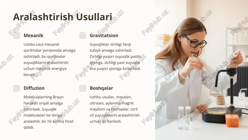 oviy xavfsizlik ba'zi suyuqliklar zaharli yoki yeyuvchi bo'lishi mumkin, shuning uchun aralashtirish jarayoni xavfsizlik choralariga rioya qilgan holda olib borilishi kerak. shaxsiy himoya vositalari aralashtirish jarayonida qo'lqop, ko'zoynak va boshqa shaxsiy himoya vositalaridan foydalanish kerak. ventilyatsiya yaxshi ventilyatsiya tizimi aralashtirish jarayonida toksik bug'lar va gazlarning to'planishini oldini oladi. 9 xulosa va tavsiyalar suyuqliklarni aralashtirish usullari turli xil bo'lib, har bir usul o'ziga xos xususiyatlarga ega. to'g'ri aralashtirish usulini tanlash suyuqliklarning samarali aralashishiga va xavfsiz ish muhitiga imkon beradi. shuningdek, aralashtirish jarayonida xavfsizlik choralariga rioya qilish juda muhim. 10 image1.png image2.png image3.png image4.png image5.png image6.png image7.png image8.png image9.png image10.png image11.png image12.png image13.png image14.png image15.png image16.png image17.png image18.png