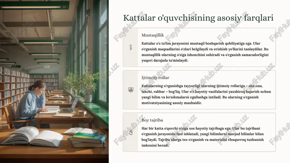 atlantirish zarur. tajriba va xatolardan o'rganish kattalar o'rganishining eng muhim xususiyatlaridan biri – bu ularning keng hayotiy tajribasiga tayanishi. har bir katta o'quvchi o'ziga xos professional va shaxsiy tajribaga ega bo'lib, bu tajriba yangi bilimlarni o'zlashtirishda muhim rol o'ynaydi. 01 oldingi tajribani faollashtrish kattalar yangi mavzuni o'rganishda avval o'zlarining mavjud bilim va tajribalarini eslaydilar va ular bilan bog'laydilar. 02 xatolarni tahlil qilish o'tmishdagi xatolar muhim o'rganish manbai hisoblanadi. kattalar xatolarni tahlil qilib, ulardan saboq olishni yaxshi biladilar. 03 yangi bilimlarni shakllantirish tajriba va tahlil asosida kattalar yangi, mustahkam bilimlar tizimini qurishadi va uni amalda qo'llaydilar. 04 amaliy qo'llash nazariy bilimlarni real hayotiy vaziyatlarda qo'llash kattalar uchun eng samarali o'rganish usulidir. "tajriba – eng yaxshi o'qituvchi, lekin uning saboqlari ba'zan qimmatga tushadi. shuning uchun tajribani to'g'ri tahlil qilish va undan samarali foydalanish kattalar o'rganishining kaliti hisoblanadi." mustaqil o'rganish va o'zini boshqarish kattalar o'quvchilarning eng muhim xususiyatlaridan biri – bu ularning yuqori …