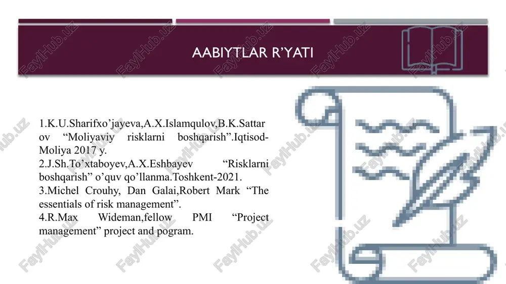 ariga rioya etmasligi bozor konyu'yunkturasining, qonunchilik, kreditlash shart-sharoilari, soliqqa tortish, investisiyalash o‘zgarishi risk paydo bo’lish xususiyatiga ko’ra subyektiv obyektiv tadbirkorlik faoliyati turlari bo’yicha moliyaviy risk tasnifi sof risk spekulyativ risk retrospektiv joriy istiqboldagi salbiy natija olish imkonini anglatadi. unga ekologik, siyosiy, tabiiy, transport va tijorat risklari (mulkiy, ishlab chiqarish, savdo risklari) tegishlidir ijobiy natijalar bilan birga salbiy natijalarni olish imkoniyatida namoyon bo‘ladi, ular moliyaviy risklardan iborat kichik biznes korxonalarining o‘tgan davrdagi turli risklarga bog‘liqligini ifodalaydi va joriy hamda istiqboldagi risklarni baholashga yordam beradi kichik biznes korxonalarining amaldagi faoliyati barqarorligiga ta'sir etuvchi risklar kelajakda kichik biznes korxonasi duch kelishi mumkin bo‘lgan risk riskka ta’sir qiluvchi omillar ichki omillar taqshi omillar ichki operatsional risk operatsional risk inson omili mahorat,qobiliyat ta’lim jarayon sifat riski texnologiya miqdoriy risk o’zgarish/eskirish funksionalllik customer relationship management-qoniqarli ekanligi risk samaradorligi risk omillari korxona strategiyasi resurslar va ularning ishlatilishi bevosita ta’sir qiluvchi bilvosita ta’sir qiluvchi bevosita omillar qonunchilikning o‘zgarishi; …
