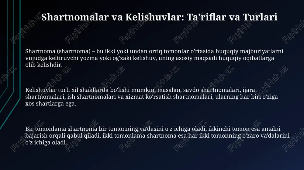 mustaqil hakam qaror chiqaradi, sud esa davlat organi. shartnomaga o'zgartirish kiritish uchun barcha tomonlarning roziligi kerak. qo'shimcha kelishuv tuziladi, u asosiy shartnomaning bir qismi hisoblanadi. fors-major holatlari va amaldagi qonunchilik o'zbekiston respublikasining qonunchiligi for-major holatlarini isbotlash yukini shartnani buzgan tomonga yuklaydi, bunda ishonchli dalillar bilan favqulodda vaziyatni tasdiqlash talab etiladi. fors-major holatlar fuqarolik kodeksining 330-moddasida tartibga solinadi, shartnoma majburiyatlarini bajarish imkoniyatini yo'qotadigan favqulodda va oldindan ko'ra olmas hodisalar natijasida yuzaga keladi. agar shartnomada for-major holatlari tufayli majburiyatlarni bajarish muddati uzaytirilsa, taraflar o'zaro kelishuvga erishishlari kerak; aks holda, nizolar sud orqali hal qilinishi mumkin. odatda, 30 kun ichida xabardor qilinadi. elektron shartnomalar va raqamli imzo elektron shartnomalar odatda oddiy qog'oz shaklida bo'lmagan shartnomalar bo'lib, 2004-yilgi elektron raqamli imzo to'g'risidagi qonunga muvofiq tuziladi hamda ularning qabul qilinishi qonuniy hisoblanadi. raqamli imzo shartnomalarga imzo qo'yishning xavfsiz usulini taqdim etadi va shaxsni tasdiqlash uchun kriptografik kalitlardan foydalanadi, bunda 128-bitli shifrlashdan foydalanish mumkin. elektron shartnomalarni …