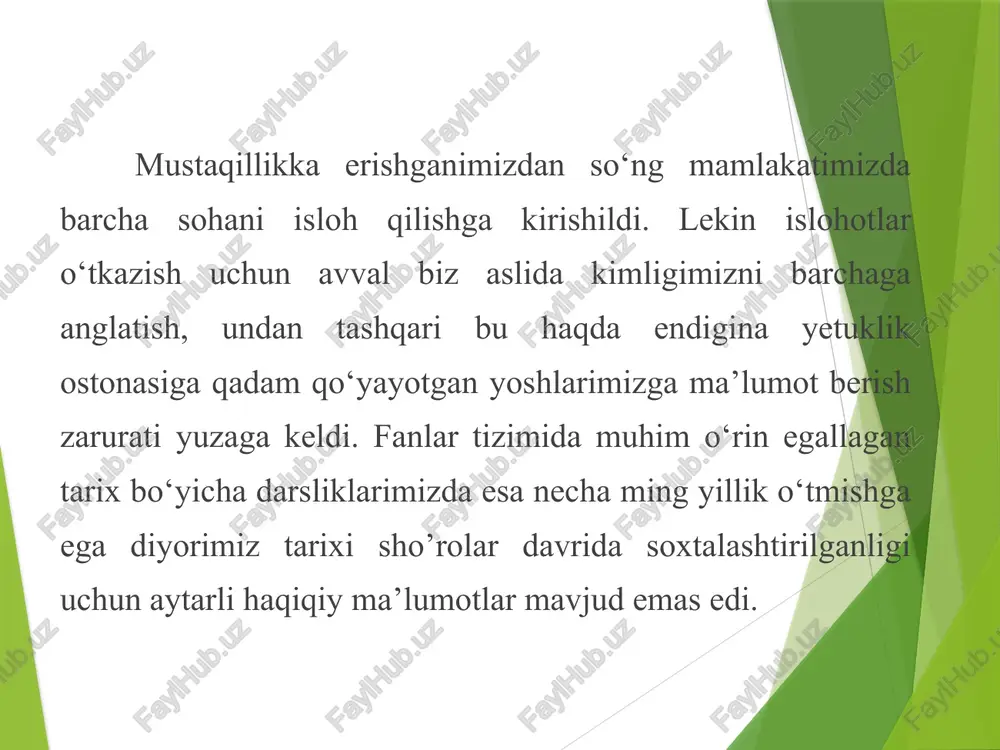 iyat, ma’rifatni targ‘ib qilishdir. har bir ziyolining vijdon ishi hisoblangan bu targ‘ibot zaminida fidoyilik yotsa, targ‘ibotchi bu ishni o‘zining hayot- mamoti deb bilsagina, katta muvaffaqiyatlarga erishishimiz mumkin. prezidentimiz “tarixiy xotirasiz kelajak yo‘q” asarlarida “inson uchun tarixdan judo bo‘lish- hayotdan judo bo‘lish demakdir”, deydilar. chindan ham, mustabid tuzum davrida o‘zbek millati haqida har xil mulohazalar tarqaldi. go‘yo biz xunnlardan tarqalgan emishmiz- atilla boshchiligidagi xunnlar o‘rta osiyoga ham kelgan-u, keyin o‘zbeklar paydo bo‘lgan(?) yoki o‘zbekiston 1924-yilga kelibgina davlat sifatida shakllangan emish... yurtboshimiz bir o‘rinda :”o‘zbek tom ma’noda bunyodkordir. unga birovning yeri kerak emas. mabodo qo‘liga qurol olguday bo‘lsa, faqat o‘zini himoya qilish uchungina oladi”, deb ta’kidlaydi. xalqimiz tarixida podshohdan tortib, oddiy vakilgacha- hamma odam vatanparvar bo‘lgan! yurtboshimiz tili bilan aytganda, modomiki, o‘z tarixini bilgan, undan ruhiy quvvat oladigan xalqni yengib bo‘lmas ekan, biz haqqoniy tariximizni tiklashimiz, xalqimizni, millatimizni ana shu tarix bilan qurollantirishimiz zarur. tarix bilan qurollantirish, yana bir bor qurollantirish zarur. …