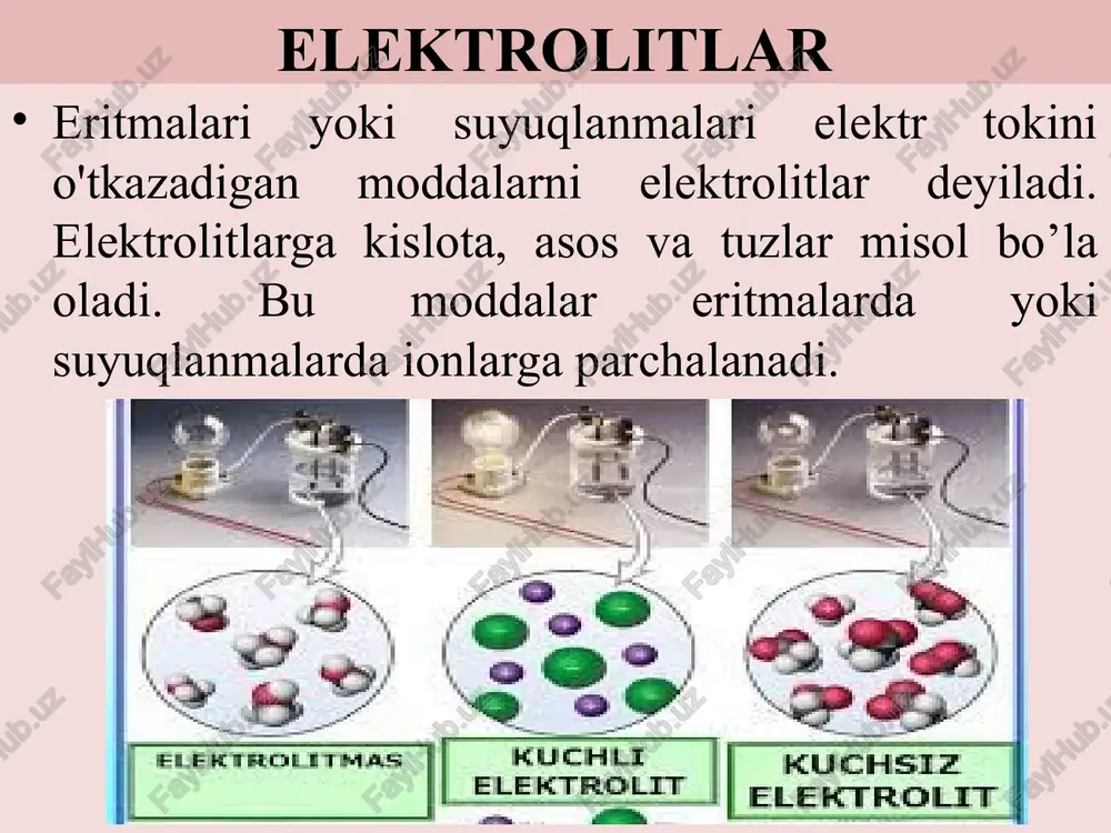 ning uchun birinchisining eritmalari neytral bo'ladi, kislotali yoki asosli tuzlardan tashqari. dissotsilanish ko'p negizli kislotalar, asoslar, tuzlar bosqich bilan dissotsilanadi. masalan, h3po4 uch bosqichda quyidagicha (uch negizli bo’lgani uchun) ionlarga dissotsilanadi: h3po4 ↔ h++ h2po4 i-bosqich (a=24%) h2po4 ↔ h++ hpo4 ii-bosqich (a=0.11%) hpo4 ↔ h++ po4 iii-bosqich (a=0.001%) dissotsilanish ko'p negizli kislotalar kabi, ikki va undan ortiq valentli metallarning asoslari ham bosqichli dissotsilanadi. masalan, mg(oh)2 ning dissotsilanishi quyidagicha bo’ladi: mg(oh)2 ↔ mgoh+ + oh- i - bosqich mgoh+ ↔ mg2+ + oh- ii- bosqich elektrokimyo elektrokimyo fani elektr toki hosil boʻlishi yoki aksincha kimyoviy birikmalarga elektr tokining taʼsiri natijasida kechadigan fizikkimyoviy jarayonlarni oʻrganadigan fan deb hisoblanadi. inson organizmidagi elektrokimyoviy hodisalar. konduktometriya eritmalarning elektr o‘tkazuvchanligini o‘lchab biron-bir fizik-kimyoviy kattalikni aniqlash konduktometriya usuli deb ataladi. konduktometriyadan dissotsiyatsiya darajasi va konstantasini aniqlash uchungina emas, balki eritmalardagi elektrolitlarning konsentratsiyasini, ularning eruvchanligini; kislotalarning asosligini aniqlash uchun ham foydalaniladi. konduktometrik titrlash usuli katta amaliy ahamiyatga …