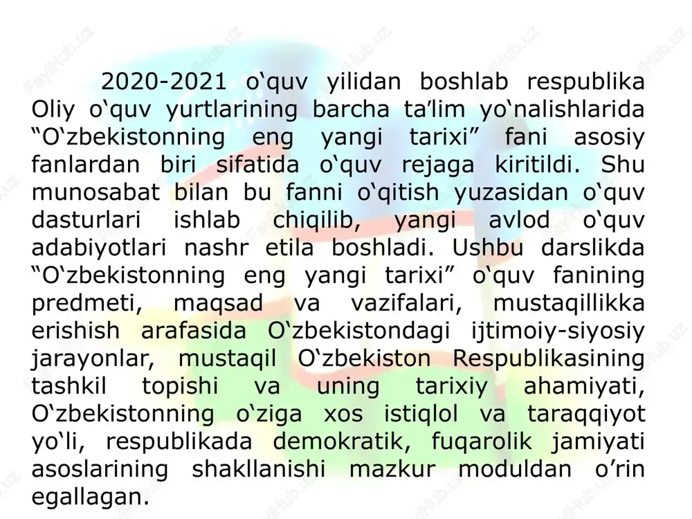 iqtisodiy hayotining ahvoli, holatini o‘rganadi, ulardan kelajak uchun saboq va xulosa chiqaradi. mustaqillikka erishishidagi murakkab siyosiy ahvol tahlil etilgan holda istiqlolning qanchalik ulug‘ neʼmat ekanligi ko‘rsatib beriladi. 2. o‘zbekistonning eng yangi tarixi fanining metodologik, ilmiy-nazariy asoslari, usullari va tamoyillari tarixshunoslikdan maʼlumki, tarixiy jarayonlar undagi qonuniyatlar bilan asoslanadi. tarix fanining asosiy tayanch tushunchasini tarixiy asos va tarixiy manba, tarixiy makon va tarixiy zamon tashkil etadi. soha mutaxassislarining eʼtirof etishlaricha, tarix fanini o‘rganishdagi eng dolzarb muammo – bu tarixiy voqelik va tarixiy manbalar bo‘lib, mana shu ikki muammoga tom maʼnoda ilmiy yondashish tarix fanining nazariyasi va metodologiyasini aniqlashda muhim ahamiyat kasb etadi. chunonchi, har bir fanda bo‘lganidek, tarix, jumladan, o‘zbekistonning eng yangi tarixi fanining ham o‘zining nazariyasi va metodologiyasi mavjud. nazariya – bu ilmiy bilimlar yig‘indisi va boshqa fanlar bilan mavjud bo‘lgan aloqadorlikni bilish jarayonidir. avvalo, metodologiya haqida to‘xtalsak, metodologiyaning lug‘aviy maʼnosi grekcha “metodos” va “logos” degan ikki so‘z birikmasidan iborat bo‘lib, …