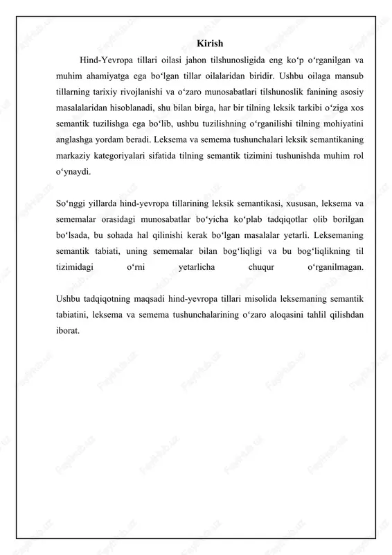 dialektlarni o'z ichiga oladi. proto-hind-yevropa tili va rekonstruksiya masalalari proto-hind-yevropa tili – hind-yevropa tillar oilasining umumiy ajdodi hisoblanadi. u to'g'ridan-to'g'ri yozma manbalar orqali tasdiqlanmagan, ammo qiyosiy tilshunoslik usullari yordamida rekonstruksiya qilingan. bu usullar turli hind-yevropa tillarida uchraydigan o'xshash so'zlarni va grammatik xususiyatlarni tahlil qilishga asoslanadi va umumiy ajdod tilda qanday so'zlar va tuzilmalar bo'lishi mumkinligini aniqlashga yordam beradi. rekonstruksiya jarayoni juda murakkab va bahsli bo'lishi mumkin, chunki turli olimlar turli rekonstruksiya usullarini qo'llashlari va turli natijalarga erishishlari mumkin. proto-hind-yevropa tilining rekonstruksiyasi, asosan, undan kelib chiqqan tillar orasidagi mosliklarni aniqlash va tushuntirishga qaratilgan. bu jarayon, ayniqsa, fonetik o'zgarish qonunlarini aniqlashga bog'liq, chunki ular tilning rivojlanish yo'lini ko'rsatadi. masalan, grimm qonuni german tillarida undoshlarning o'zgarishini tushuntiradi va proto-hind-yevropa tilidagi *p, *t, *k tovushlarining german tillarida *f, *þ, *h ga o'zgarishini ko'rsatadi. bunday qonunlar yordamida proto-hind-yevropa tilining leksikasi va grammatikasini rekonstruksiya qilish mumkin. 📈 hind-yevropa til oilasining asosiy tarmoqlari (taxminiy foizlarda) ushbu diagramma …