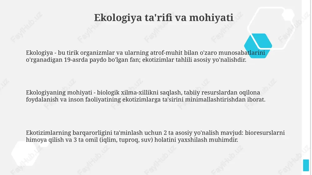 mm dan kam) bilan ajralib turadi, bu esa sukulentlar kabi suvni tejovchi o'simliklarning moslashuvini ta'minlaydi va kunduzgi harorat 50 darajagacha ko'tarilishi mumkin. tayga biomlari, shuningdek, boreal o'rmonlari deb ham ataladi, shimoliy yarim sharda joylashgan bo'lib, ignabargli daraxtlar ustunlik qiladi va o'rtacha yillik harorat 0 darajadan past bo'lishi mumkin. ekologik muammolar: sabablari va oqibatlari o'rmonlarning kesilishi, ayniqsa tropik o'rmonlar, biologik xilma-xillikni yo'qotishga sabab bo'lmoqda, natijada har yili 50,000 dan ortiq tur yo'q bo'lib ketmoqda. sanoatning rivojlanishi natijasida atmosferaga 30 milliard tonnadan ortiq karbonat angidrid gazi chiqarilishi issiqxona effektini kuchaytirib, global isishga olib kelmoqda. qishloq xo'jaligida pestitsidlar va o'g'itlardan foydalanish tuproq va suvning ifloslanishiga olib keladi, natijada 40% ekin maydonlari degradatsiyaga uchragan. atrof-muhitni muhofaza qilish atrof-muhitni muhofaza qilishning bir usuli chiqindilarni qayta ishlashdir. masalan, 70% gacha qog'ozni qayta ishlash orqali daraxtlarni saqlash va tabiiy resurslarni tejash mumkin. atrof-muhitni muhofaza qilish qonunlari, masalan, havo va suvning ifloslanishiga qarshi kurashish uchun qabul qilingan 150 …