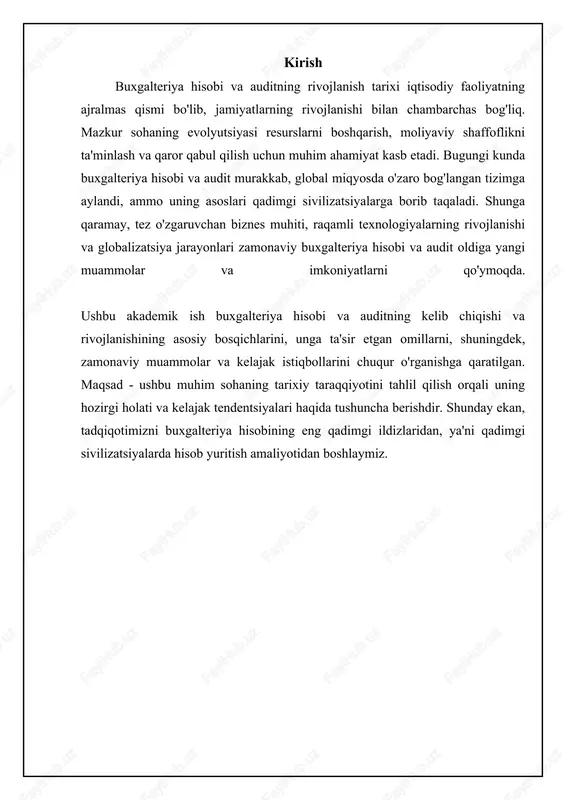 xirida luka pachiolining “hisoblar va yozuvlar haqida traktat” nomli kitobi nashr etilishi buxgalteriya hisobi tarixida burilish nuqtasi bo'ldi. ushbu kitobda ikki tomonlama yozuv usulining asosiy tamoyillari batafsil bayon etilgan bo'lib, u buxgalteriya hisobini ilmiy asosga qo'yishga yordam berdi. pachiolining asari yevropa bo'ylab tez tarqaldi va buxgalteriya hisobining professional sohaga aylanishiga turtki berdi. kitobda inventarizatsiya, balans tuzish va foydani hisoblash kabi muhim masalalar yoritilgan. pachiolini ko'pincha “buxgalteriya hisobining otasi” deb atashadi, chunki uning ishi buxgalteriya hisobining rivojlanishiga katta hissa qo'shgan. buxgalteriya hisobi va auditning kelib chiqishi va rivojlanish bosqichlari iqtisodiy rivojlanish va savdo-sotiqning ta'siri buxgalteriya hisobi va auditning rivojlanishiga eng katta ta'sir ko'rsatgan omillardan biri iqtisodiy rivojlanish va savdo-sotiqning o'sishidir. qadimgi davrlarda, xususan, mesopotamiya, misr va yunonistonda savdo-sotiqning rivojlanishi mol-mulkni hisobga olish, soliq yig'ish va xarajatlarni nazorat qilish zaruratini keltirib chiqardi. miloddan avvalgi iv ming yillikda sumerda loy taxtachalarga yozilgan hisob ma'lumotlari arxeologik qazishmalar natijasida topilgan. o'sha davrlarda buxgalteriya hisobi asosan …