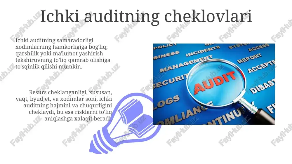 iladi, aks holda 12-24 oylik rejalashtirish natijasi eskirishi mumkin. texnologiyadagi tezkor o'zgarishlar, masalan, ai va blockchain, ichki auditorlardan ularning ta'sirini tushunishni va yangi 3-5 yillik risklarni aniqlashni talab etadi. e'tiboringiz uchun rahmat image4.png image5.jpg image6.jpg image7.jpg image8.jpg image9.jpg image10.jpg image11.jpg image12.jpg image13.jpg image14.jpg image1.jpeg image2.jpeg image3.jpeg