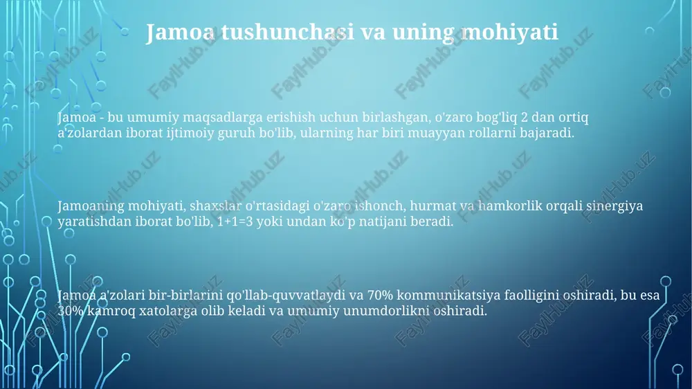 ikmalar ortadi. maktabgacha ta'lim muassasalari va maktablar oila tarbiyasini to'ldiradi, bolalarning 7-17 yoshidagi ijtimoiy moslashuvini, xulq-atvor normalarini o'zlashtirishini va jamoa ichida munosabat o'rnatish qobiliyatini rivojlantiradi. oila va jamoa tarbiyasi bir-birini mustahkamlaydi: oila bolaga dastlabki tushunchalarni bersa, jamoa bu tushunchalarni 10-12 yoshdan boshlab kengaytiradi, amaliy ko'nikmalarni shakllantiradi va shaxsning ijtimoiy rolini aniqlaydi. ta'lim muassasalarida jamoaning tarbiyaviy ahamiyati jamoa, masalan sinf yoki to‘garak, o‘quvchilarda 6 yoshdan boshlab o‘zaro hurmat, mas’uliyat va hamkorlik kabi axloqiy qadriyatlarni rivojlantirish uchun 2-3 yil davomida muhim platforma bo’lib xizmat qiladi. ta’lim muassasalarida jamoa, o‘quvchilarda 10-15 kishilik guruhlarda ishlay olish qobiliyatini shakllantirib, ijtimoiy moslashuv jarayonini tezlashtiradi, bu kelajakda muhim ahamiyatga ega. ta’lim maskanlaridagi jamoa, 7-11 sinf o‘quvchilarida o‘z fikrini himoya qilish, bahslarda ishtirok etish va boshqalarni tinglash kabi 5 ta muhim ko‘nikmani shakllantirishda yordam beradi. mehnat jamoasining shaxs rivojiga ta'siri mehnat jamoasi shaxsning ijtimoiy moslashuviga ta’sir etadi, yangi ko’nikmalar o’rgatadi va professional rivojlanishning 70% ini ta’minlaydi. jamoa a'zolari …