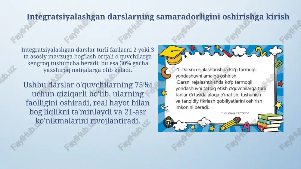 ni qamrab olib, o‘quvchilarning asosiy tushunchalarini mustahkamlaydi va dars maqsadlariga erishilganligini aniqlaydi. tavsiyalar kelgusi darslarni 80% ga yaxshilash uchun o‘qitish usullarini takomillashtirishga qaratilgan bo‘lib, o‘quvchilarning ehtiyojlarini qondirishga yordam beradi. e'tiboringiz uchun rahmat image4.png image5.png image6.jpg image7.jpg image8.jpg image9.jpg image10.jpg image11.jpg image12.jpg image13.jpg image14.jpg image15.jpg image3.jpeg