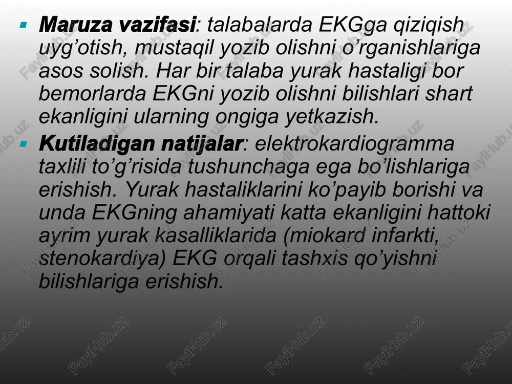ulanishida r tishchasining balandligi ▪ normada: 5-15 mm ga teng ▪ 15 mm dan balandi yuqori voltajli ▪ 5 mm dan pasti past voltajli ekg xolter monitorlash r - m i t r a l e p tishcha: -davomiyligi 1.1 sek.dan oshadi -amplitudasi 2.5mm dan ortiq -shakli o’zgargan,2 fazali, o’rkachsimon - revmatizm kasalligining asorati mitral klapanlari yetishmovchiligi (nuqson) da r-tishchasi amplitudasi o’zgargan, davomiyligi ortgan, shakli cho’qqisimon o’zgargan. ba’zi bir surunkali o’pka kasalliklari: o’pka emfizemasining og’ir turlari, zotiljamligining ko’p yillik formalari va h.k. r- p u l m o n a l e 📫 elektr o’qi chapga siljigan 📫 rv5-6 baland 📫 sv1-2 chuqur 📫 r v1 35 mm 📫 o’tish zonasi v2, v1 📫 ichki og’ish intervali v5-6 0,05sek ortik chap qorincha gipertrofiyasi: 📫 elektr o’qi o’nga siljigan 📫 rv1-2 baland 📫 sv5-6 chuqur 📫 r v1 +sv 5-6> 10,5 mm 📫 r v5 +sv1- > 📫 o’tish zonasi v5, …
