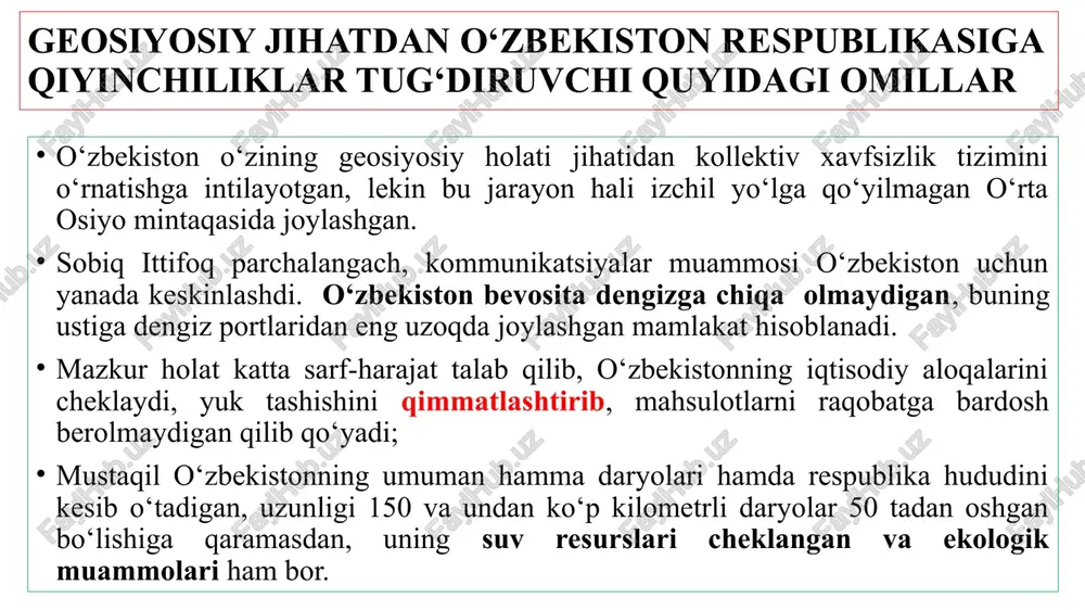 sanada mustaqil o‘zbekiston bilan avstraliya o‘rtasida diplomatik aloqalar o‘rnatildi. bugungi kunda o‘zbekiston respublikasi jahonning 142 davlati bilan diplomatik aloqalarni o‘rnatdi. toshkentda 43 mamlakatning elchixonalari, 3 ta savdo vakolatxonasi (vengriya, belgiya, aqsh savdo palatasi), 10 ta xalqaro tashkilotning vakolatxonasi ishlab turibdi. mamlakatimizda 7 ta faxriy konsullar ishlab kelmoqda. o‘zbekiston respublikasining xorijiy davlatlardagi elchixonalarining soni esa 30 tani tashkil etadi. shuningdek, 11 ta bosh konsulxonasi mavjud. respublikada 88 ta xorijiy mamlakat vakolatxonalari akkreditatsiya qilingan. o‘zbekiston 41 ta nufuzli xalqaro iqtisodiy va moliya tashkilotlarining teng huquqli a’zosi. hozirda ulardan beshtasining vakolatxonasi respublikada faoliyat ko‘rsatmoqda. toshkentda 43 ta mamlakatning elchixonasi bor dunyodagi 30 dan ortiq davlatda o‘zbekistonning elchixonalari bor 88 ta xorijiy mamlakatlar va xalqaro tashkilotlarni markazlari bor o‘zbekiston va bmt yer yuzida tinchlikni mustahkamlash va xavfsizlikni taʼminlash, davlatlarning oʻzaro hamkorligini rivojlantirish maqsadida tashkil etilgan xalqaro tashkilot. 1945-yil 24-oktabrda tuzilgan. o‘zbekiston va bmt bmtni barpo etish haqidagi qaror aqsh, birlashgan qirollik, xitoy va sovet …