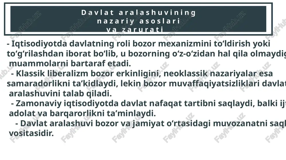 nopol siyosat isteʼmolchi narxlarini pasaytiradi va innovatsiyani ragʻbatlantiradi. - regulyatorlik aralashuv bozorni adolatli saqlashning asosiy vositasidir. chapter 1: why time management is needed atrof-muhit va moliyaviy regulyatsiya pigou soliqlari (uglerod soliqlari) salbiy tashqi taʼsirlarni ichki xarajatlarga kiritib, korxonalarni toza texnologiyalarga oʻtishga majbur qiladi. shvetsiyada uglerod soliqlari 1991-yildan beri co2 emissiyasini 25% kamaytirdi. basel iii standartlari banklarni kapital talablarini oshirib, 2008 moliyaviy inqirozidan keyin barqarorlikni taʼminladi. gdpr (2018) yevropada shaxsiy maʼlumotlarni himoya qilib, texnologiya gigantlariga milliardlab jarimalar soldi. regulyatsiya ijtimoiy xarajatlarni minimallashtiradi. fiskal siyosat va subsidiyalar covid-19 davrida aqsh har bir fuqaroga $1200 naqd yordam berdi, umumiy xarajat 2 trillion dollarni tashkil etdi. oʻzbekistonda qishloq xoʻjaligi subsidiyalari (urugʻ, oʻgʻit) 2024-yilda 5 trillion soʻmga yetdi, paxta va bugʻdoy ishlab chiqarishni oshirdi. progressiv soliq tizimi boylardan koʻproq soliq undirib, ijtimoiy dasturlarni moliyalashtiradi. fiskal siyosat iqtisodiy oʻsish va adolatni taʼminlaydi. chapter 1: why time management is needed monetar siyosat va markaziy bank vosita maqsad …