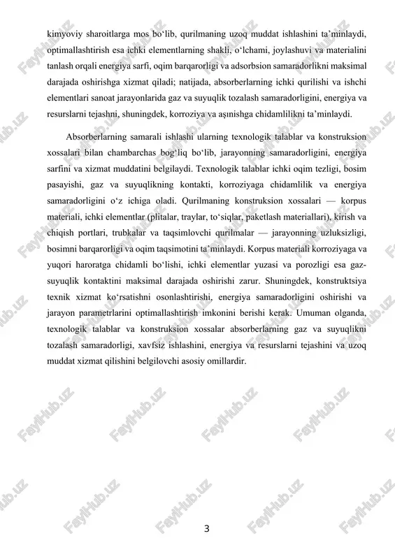 ni berishi kerak. umuman olganda, texnologik talablar va konstruksion xossalar absorberlarning gaz va suyuqlikni tozalash samaradorligi, xavfsiz ishlashini, energiya va resurslarni tejashini va uzoq muddat xizmat qilishini belgilovchi asosiy omillardir. adsorberlarning turlari. ish rejimiga ko’ra adsorberlar davriy va uzluksiz bo’ladi. adsorbent qatlamining harakteriga ko’ra davriy adsorberlar o’zgarmas va mavhum qaynash qatlamli apparatlarga bo’linadi. uzluksiz ishlaydigan apparatlar esa harakatchan va mavhum qaynash qatlamli bo’lishi mumkin. misol qilib davriy ishlaydigan vertikal adsorberning chizmasini keltiramiz: 1- taqsimlovchi qurilma; 2- gaz taqsimlovchi tayanch panjara; 3- qobiq; 4- adsorbent qatlami; 5 va 6 – yaxlit muhitning chiqishi va kirishi; 7 va 8 adsorbentni yuklash va tushirish uchun lyuklar; 9 – pastki patrubka; 10 – bug’-gaz aralashmasi chiqadigan patrubka. qobiq 3 ning ichidagi taqsimlovchi panjara 2 ning ustiga qo’zg’almas adsorbent qatlami 4 mavjud. gaz aralashmasi patrubka 6 orqali apparatlar kirib, panjara 2 orqali adsorbent qatlamiga tarqaladi. tegishli komponent gaz fazasidan qattiq yuzaga yutiladi. tozalangan gaz patrubka …