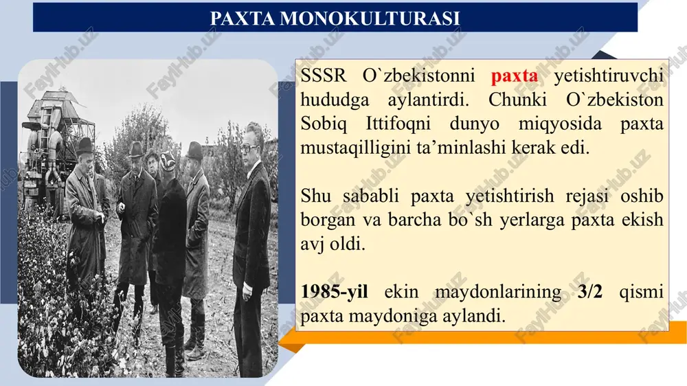 n uchinchi liniyasi 2001-yil 26-oktabrda ishga tushdi. o'zbekistonda sug'oriladigan maydonlarning o'sishi dinamikasi, ming ga hisobida (1950-1986) yillar 1950 1960 1965 1970 1975 1976 1977 1980 1985 1986 ming ga hisobida 2276 2964 2639 2696 3006 3132 3227 3476 3930 4020 respublikada yangi erlarning o'zlashtirilishi va paxta yakkahokimligining yanada kuchayishi respublikadagi o'zlashtirish tadbirlari asosan mustamlaka ruhi bilan yo'g'rilgan “cho'l o'zlashtirish-mardlar ishi” qabilidagi insonlarni majburiy mehnatga undovchi shiorlardan ham payqash mumkin. o'zlashtirilgan maydonlar paxtachilikni rivojlanishi va undan yanada ko'proq hosil olishga imkon berdi. cho'llar o'zlashtirilgan hududlarda paxtachilik tuman va sovxozlari barpo etildi. natijada paxtadan hosil olish yildan-yilga ortib bordi. lekin etishtirilgan paxtaning aksariyati markazga tashib ketildi. o'zbekiston prezidenti shavkat mirziyoev bmt bosh assambleyasining 72-sessiyasida nutqi (2017 yil 19 sentyabr) orol dengiziga doir ko'rsatkichlarning o'zgarib borish dinamikasi (1960-1990 yy.) yillar suv sathi, metr suv hajmi, km³ suv egallagan maydon ming km² dengiz ning qurigan maydoni ming km² orol bo'yiga keluvchi suvlar miqdori, km³ …