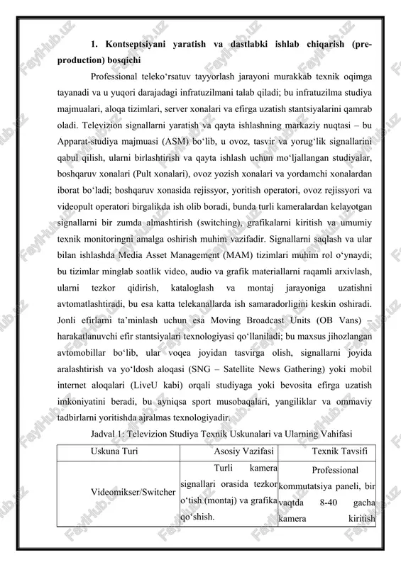 qiziqishlari, ijtimoiy mavqei va boshqa talablari) belgilab olinadi, chunki ko‘rsatuvning ta’sirchanligi va samarasi bevosita auditoriya hissiyotiga, yuragiga va qalbiga qanchalik ta’sir qilishi bilan o‘lchanadi. ushbu bosqichning asosiy mahsuloti – bu ssenariy bo‘lib, unda ko‘rsatuvning butun tuzilmasi, sahnalari ketma-ketligi, dialoglari, kadrlar rejasi, yoritish rejimi va barcha texnik detallar aks ettiriladi; ssenariy nafaqat ijodiy matn, balki ishlab chiqarish jamoasi uchun yo‘l xaritasi vazifasini o‘taydigan texnik hujjat hisoblanadi. shuningdek, pre-production jarayonida byudjetning aniq hisob-kitobi, tasvirga olish joylari (lokatsiyalar) ni tanlash, kerakli texnik uskunalar (videokameralar, mikrofonlar, yoritish moslamalari, kranlar va boshqalar) ro‘yxatini tuzish hamda ko‘rsatuvda ishtirok etuvchi ijodiy guruh (rejissyor, prodyuser, operator, jurnalist, ovoz rejissyori, montaj ustasi) ning shakllantirilishi amalga oshiriladi; guruh a’zolarining har biri o‘z vazifalarini aniq bilishi va texnik jihatdan mukammal tayyorgarlik ko‘rishi – muvaffaqiyatli efirning kafolatidir. teleko‘rsatuvning muvaffaqiyati nafaqat texnik jihatlarga, balki chuqur o‘ylangan kontent strategiyasiga ham bog‘liqdir; bu strategiya ko‘rsatuvning uzoq muddatli maqsadlarini, brendlash tamoyillarini va ommaviy axborot maydonidagi o‘rnini …