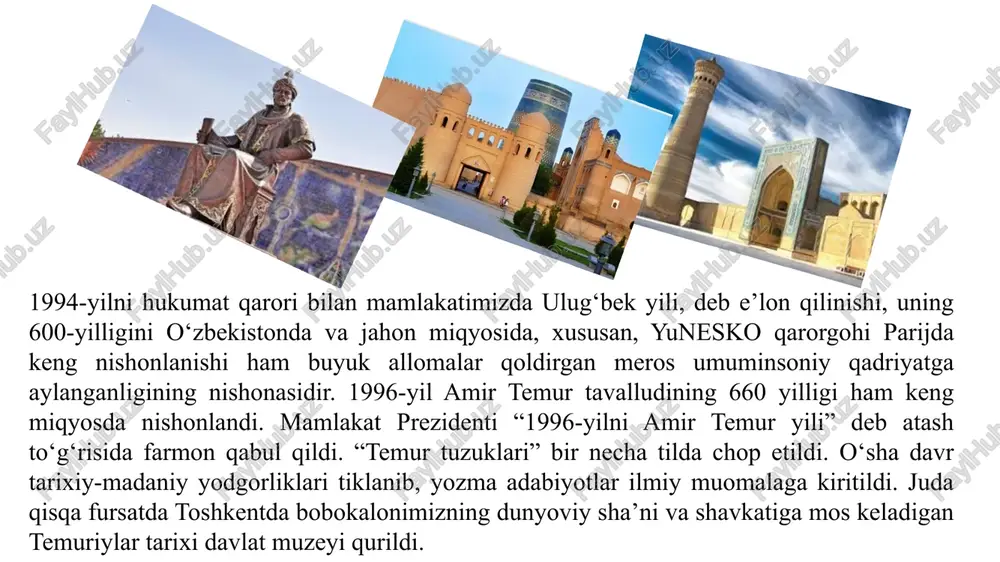ordeni bilan mukofotlandi. 2006-yil – qarshi shahrining 2700 yilligi nishonlandi. 2006-yil – xorazm ma’mun akademiyasining 1000 yilligi nishonlandi. 2007-yil – samarqand shahrining 2750 yillik yubileyi o‘tkazildi. 2007-yil – marg‘ilon shahrining 2000 yillik yubileyi o‘tkazildi. 2009-yil – o‘zbekiston respublikasi poytaxti toshkent shahrining 2200 yilligiga bag‘ishlangan tantanali marosim o‘tkazildi. 2. “sharq javohirlari” “mamlakatimizdek boy tarix, bobolarimizdek buyuk allomalar hech qayerda yo’q!” shavkat mirziyoyev prezidentimiz shavkat mirziyoev yangi o'zbekistonni bunyod etish g'oyasini ilgari surar ekan, ushbu buyuk maqsadga erishish uchun, avvalo, ilm-fanni rivojlantirish, zamonaviy ilm-fan yutuqlarini puxta egallash, eng yangi texnika va texnologiyalarni o'zlashtirish, ijtimoiy-iqtisodiy hayotimizga axborot texnologiyalarini joriy qilish, dunyoda inson taraqqiyotini ta'minlashga xizmat qiladigan barcha ilg'or g'oyalarni o'zlashtirishdek pragmatik siyosatni amalga oshirish vazifasini kun tartibiga qo'ymoqda. yuqoridagi hayotbaxsh g'oyalarda jahonshumul mazmun va mohiyat, tarixiy asos yotibdi. negaki, xalqimiz o'z o'tmishida ikkita renessans shukuhini vujudidan o'tkazgan. birinchisi — sharq uyg'onish davri deb ataladigan va insoniyat sivilizatsiyasi rivojiga katta hissa qo'shgan ix-xii asrlar …