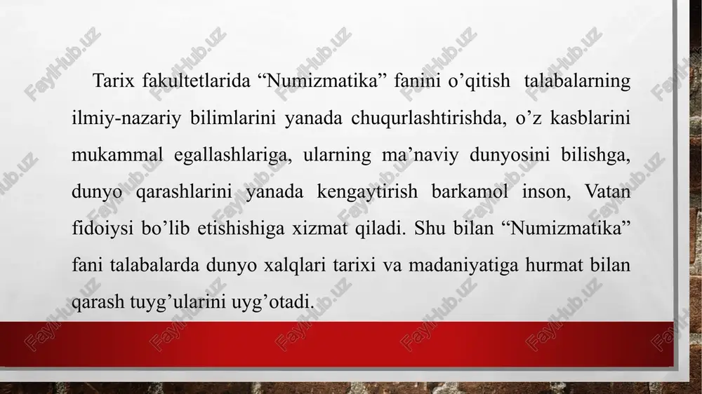 miy imloni, xronologiya va geraldikani (gerblar haqida) o’rganishda yordamchi fan tariqasida ayniqsa katta rol o’ynaydi. o’zbekistonda numizmatikasini rivojlanishida o’zlarining salmoqli hissalarini qo’shgan olimlar: m.e.masson, v.m.massoy, g.a.pugachenkova, e.a.davidovich, o.i.smirnova, b.i.vayanberg, v.g.dukonin va boshqalar. bugungi kunda o’zbek numizmatikasi oldida turgan alohida vazifalari va muommalari kattadir. o’zbek davlatchiligi tarihini o’rganishda qadimiy tangalarning o’rni benihoyat kattadir, shunday qilib bu numizmatika fani tangalar haqidagi fan: tangalarning tasvirlari, yozuvlari, og’irligi, qanday metalldan yasalgaqligi, pul muomalasidagi darajasi va tanga zarb qilinishi tarihini urganadi. numizmatika hronologiya, moddiy madaniyat, ichki va tashqi savdo tarihi masala-larini tekshirishga imkon beradi. tarih, arxeologiya, paleografiya, san`at tarihi, siyosiy iqtisod, etnografiya fanlari uchun katta ahamiyatga egadir. numizmatika tushunchasi yana qog’oz pullarni o’rganish (bonistika) va medal, jeton, orden, hamda znachoklarni o’rganish ham kiradi. (faleristika) metall pullar paydo bo’lgunga qadar pul vazifasini har hil tovarlar: hayvonlar, taqinchoqlar, metal qurollar va quymalar bajargan, jamiyatning iqtisodiy tomonidan rivojlanshi, savdoni o’sishi pulga bo’lgan zaruriyatni keltirib chiqardi. faqat davlat boshliqlarigina …