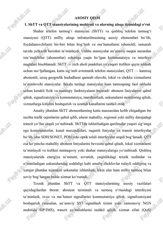 qtt stansiyalarining asosiy vazifalari quyidagilardan iborat: abonent terminali va tarmoq o‘rtasidagi interfeysni ta’minlash, ovoz va ma’lumot signallarini kommutatsiya qilish, signalizatsiyani boshqarish (masalan, an’anaviy ss7 signallash tizimi yoki zamonaviy ngn muhitida sip/ims), tranzit yo‘nalishlarini tashkil qilish, xizmat sifati (qos) choralarini joriy etish va tarmoq resurslarini samarali taqsimlash. ushbu funksiyalarni bajarishda stansiyalar kommutatsiya algoritmlari, marshrutlash protokollari, jadval asosida yoki dinamik yukga moslasha oluvchi qayta yo‘naltirish mexanizmlari va trafik boshqaruv tizimlari orqali o‘zaro ishlaydi. kerak bo‘lganda stansiyalar signallarni analogdan raqamli formaga aylantiradi yoki aksincha, qo‘shimcha kodeklar orqali ovoz paketlarini siqadi, paketlarni boshqaradi va kechikishni kamaytirish uchun kechikishni boshqarish mexanizmlarini qo‘llaydi. shtt va qtt arxitekturasining zamonaviy istiqbollari — raqamli kommutatsiyaga o‘tish, ngn/ims integratsiyasi va optik tolali tarmoqlarni kengaytirish orqali bog‘liq. raqamli stansiyalar (softswitchlar, media gateway’lar, access gateway’lar) ovozli xizmatlarni ip-paketlarga aylantirish va ularni tarmoq bo‘ylab uzatishda samaradorlik va moslashuvchanlik beradi. bu esa yangi xizmatlar — voip, keng polosali internet, iptv va mobil backhaul xizmatlarini …