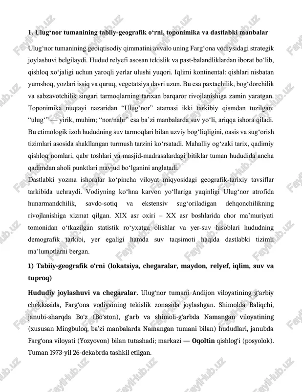 h inshootlari, jumladan katta farg‘ona kanali (1939) loyihalari bilan bog‘liq bo‘lgan o‘zlashtirish jarayonlari tumanning hozirgi qiyofasini shakllantirdi. tuproqlar va ekologik og‘irliklar. tuproqlar o‘tloqi-bo‘z, ayrim uchastkalarda kuchsiz sho‘rlanish kuzatiladi. qum-tuproqlarning qurilish materiali sifatida ishlatilishi va xo‘jalik yuklamasi botanik tarkibni o‘zgartirib, ayrim o‘simlik turlarining qisqarishiga olib kelgani ilmiy kuzatishlarda qayd etilgan. aholi va ma’muriy tuzilma. hozirgi statistik ko‘rsatkichlar bo‘yicha (viloyat bo‘limlari ma’lumotlari asosida) tumanda 1 ta shaharcha tipidagi posyolka (oqoltin) va bir nechta qfy mavjud; aholi soni o‘sib bormoqda (2004 yilda ~45,2 ming, 2022 yilda ~61,8 ming). 2) toponimika (nomning kelib chiqishi va tegishli nomlar) “ulug‘nor” etimologiyasi. ilmiy-metodik manbalarda farg‘ona viloyati hududidagi ulug‘nor kanali nomining asl shakli “ulug‘nahr” (fors-arab. nahr — “kanal, daryo, oqim”) ekanligi qayd etiladi. vaqt o‘tishi bilan fonetik-grafik asimilatsiya (h → ø) va mahalliy talaffuz xususiyatlari natijasida “ulug‘nor” shakliga moslashgan deb izohlanadi. shu asosda tuman nomi ham suv-irrigatsiya obyektidan o‘tgan bo‘lishi ehtimoli yuqori. “oqoltin” (markaz) nomi. o‘zbek toponimiyasida “oq” …