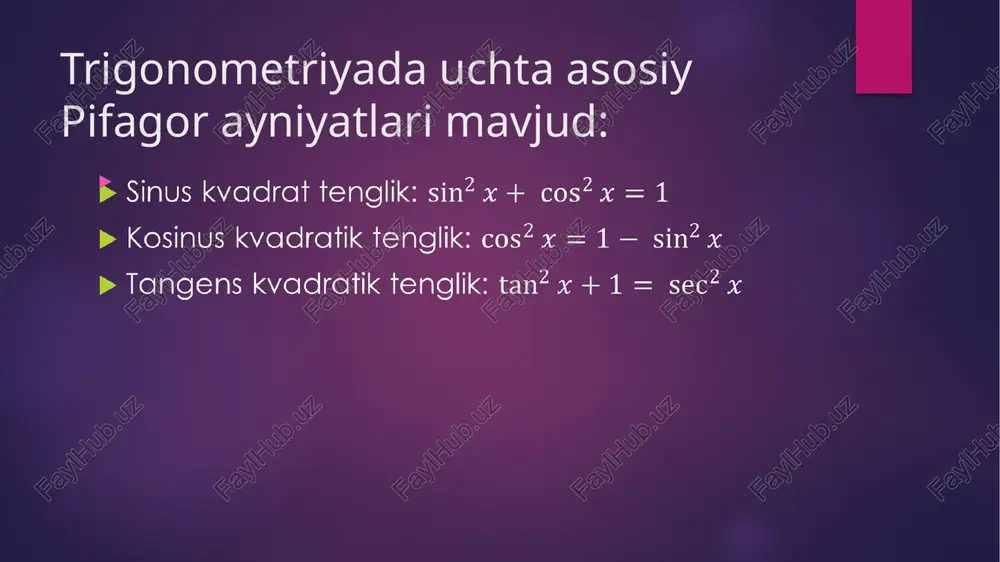qilishga yordam beradi. muhandislikda trigonometrik ayniyatlar tuzilmalarni loyihalash, zanjirlarni tahlil qilish va mexanika va suyuqlik dinamikasidagi muammolarni hal qilish uchun juda muhimdir. trigonometrik ayniyatlar fan va muhandislikda, xususan davriy hodisalar, tebranishlar va to‘lqinlarning xatti-harakatlari keng tarqalgan sohalarda keng qo‘llanilishini topadi. bu erda ba'zi asosiy dasturlar: fizika va mexanika: oddiy garmonik harakat (ogh): sinus va kosinus kabi trigonometrik funktsiyalar mayatniklar, buloqlar va tebranish torlari kabi tebranuvchi tizimlarning harakatini tasvirlash uchun ishlatiladi. to‘lqinlarning tarqalishi: trigonometrik funktsiyalar to‘lqin hodisalarini, shu jumladan tovush to‘lqinlari, yorug‘lik to‘lqinlari va elektromagnit to‘lqinlarni tavsiflashda hal qiluvchi rol o‘ynaydi. mashinasozlik: trigonometrik funktsiyalar mashinasozlikda tuzilmalar va mashinalardagi kuchlarni, harakatni va stressni tahlil qilish uchun keng qo‘llaniladi. elektrotexnika: ac sxemasini tahlil qilish: trigonometrik funktsiyalar o‘zgaruvchan tok (ac) davrlarini tahlil qilish uchun ishlatiladi, bu erda kuchlanish va oqim vaqt o‘tishi bilan sinusoidal ravishda o‘zgarib turadi. signalni qayta ishlash: trigonometrik funktsiyalar murakkab signallarni oddiyroq sinusoidal qismlarga ajratadigan furye tahlili kabi signallarni qayta ishlash …