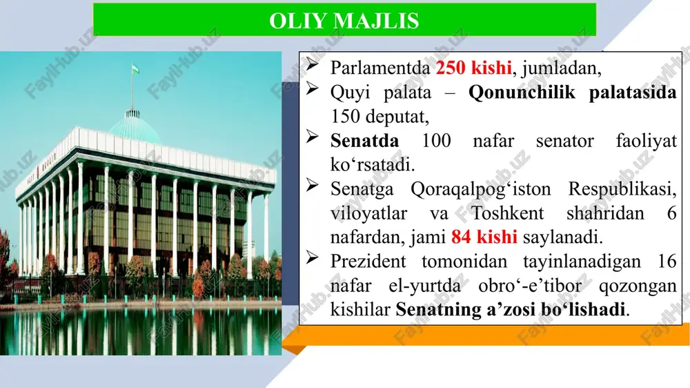 uni lavozimidan ozod etish; 10) o‘zbekiston respublikasi prezidentining taqdimiga binoan amnis tiya to‘g‘risidagi hujjatlarni qabul qilish; 11) o‘zbekiston respublikasi bosh prokurorining taqdimiga binoan o‘zbekiston respublikasi oliy majlisining senati a’zosini daxlsizlik huquqidan mahrum etish to‘g‘risidagi masalalarni hal etish; 12) o‘zbekiston respublikasi bosh prokurorining, o‘zbekiston respublikasi markaziy banki boshqaruvi raisining hisobotlarini eshitish; 13) o‘z faoliyatini tashkil etish va palataning ichki tartibqoidalari bilan bog‘liq masalalar yuzasidan qarorlar qabul qilish; 14) siyosiy, ijtimoiy-iqtisodiy sohalarida u yoki bu masalalar yuzasidan qarorlar qabul qilish kiradi. 1 saylov sanasini belgilash. 6 deputatlikka nomzodlarni ko‘rsatish va ro‘yxatga olish. 3 saylov okruglari, uchastkalarini tuzish. 5 saylov kampaniyasi boshlanganligini e’lon qilish. 2 markaziy saylov komissiyasini tashkil etish. 4 saylov komissiyasini tuzush. 7 saylovoldi targ‘iboti. 12 nomzodlar yetarli miqdorda ovoz ololmagan saylov uchastkalarida qayta saylov o‘tkazish. 9 saylovchilar byulletenini tayyorlash. 11 deputatlarni ro‘yxatga olish va saylov natijalarini e’lon qilish. 8 saylovchilar ro‘yxatini tuzish. 10 ovoz berish va saylov natijalarini aniqlash. saylov …