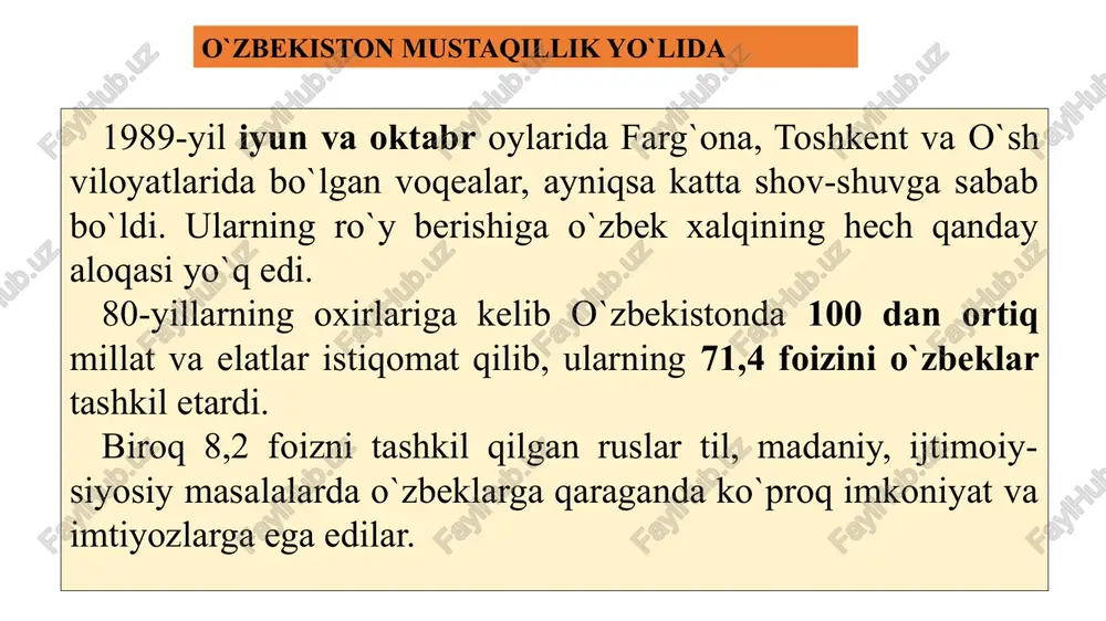 espublikasining davlat mustaqilligini e’lon qilish tog’risida qaror mustaqillikni e’lon qilinishi o`zbekiston oliy kengashining xii chaqiriq navbatdan tashqari vi sessiyasi 1991-yil 31 avgustda o`z ishini boshladi. 1 sentyabr o`zbekiston respublikasining mustaqillik kuni deb belgilansin va 1991-yildan boshlab bu kun bayram va dam olish kuni deb e'lon qilinsin, deb qat'iy belgilab qo`yildi. prezidentlik saylovlari o`zbekiston respublikasi prezidenti saylovi 1991-yil 29 -dekabr, yakshanba kuniga belgilandi. oliy lavozimga ikki nomzod – o`zbekiston xdp va o`zbekiston kasaba uyushmalari federatsiyasi nomzodi i.a. karimov va «erk» demokratik partiyasi vakili saloy madaminov (muhammad solih) nomzodi qo`yildi. 1991-yil 29-dekabrda bo`lib o`tgan saylovlar yakuniga ko`ra ovoz berishda qatnashganlarning 86 foizi islom karimov nomzodini, 12,3 % saloy madaminov nomzodini yoqlab ovoz berdi. prezidentlik saylovlari 1998-yilgi saylovlarda fidokorlar milliy demokratik partiyasidan i.a.karimov (91,9%) va xdpdan a.m. jalolov (4,7%) nomzodi qo`yildi. prezidentlik saylovlari 2012-yilgi saylovlar. prezidentlik saylovlari 2016-yilgi saylovlar. prezidentlik qasamyodi "o'zbekiston respublikasi prezidenti lavozimini bajarishga kirishar ekanman, respublikamiz xalqlariga sadoqat bilan xizmat …