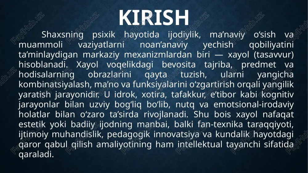 ish. ijodiy xayol barcha turdagi texnik, badi xulosa xayol (tasavvur) — inson psixikasining kombinator-konstruktiv mexanizmlariga tayanadigan, idrok va xotira materialini qayta tashkil etish orqali yangi semantik birliklar yaratadigan murakkab kognitiv jarayondir. u reproduktiv (mavjud tajribani qayta tiklash) va produktiv (yangilik yaratish, prognoz qilish, modellashtirish) ko‘rinishlarda namoyon bo‘ladi hamda tafakkur, nutq, emotsiya va motivatsiya tizimlari bilan funksional integratsiyada ishlaydi. xayol obrazlari bevosita sezgi-idrokdan farqli ravishda, ichki manipulyatsiya, abstraksiyalash va metaforik o‘tkazmalar hisobiga moslashuvchan, kontekstga sezgir va maqsadga yo‘naltirilgan xususiyat kasb etadi.nazariy manbalar xayolning ikki asosiy yo‘nalishda — imagerik (ko‘rish-eshitish, kinestetik tasvirlar bilan ishlash) va semantik-konstruktiv (g‘oya, gipoteza, ma’no yaratuvchi kombinatsiyalar) rejimlarda faoliyat yuritishini ko‘rsatadi. foydalanilgan adabiyotlar: vygotsky, l. s. (2004). imagination and creativity in childhood (m. e. sharpe ed. transl.). (asl asar: 1930–1931 “voobrazhenie i tvorchestvo v detskom vozraste”.) vygotsky, l. s. (1991). voobrajenie i tvorchestvo v detskom vozraste. moskva: prosveshenie. piaget, j. (1962). play, dreams and imitation in childhood. new …
