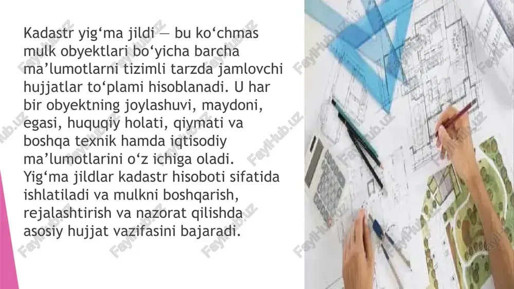 b 45 m. tursunov ro‘yxat guvohnomasi 00124 jpg landshaft c 2000 davlat qaror 00125 dxf elektron indekslash va navigatsiya har bir obyekt identifikatsiya raqami bilan belgilangan, filtrlash va qidirish imkoniyati mavjud, ma’lumotlarni tezkor olish va yangilash oson. jadval ko‘rinishida misol: bosqich tavsif ma’lumotlarning to‘liqligi har bir obyekt bo‘yicha: hujjatlar, xaritalar, texnik pasport va identifikatsiya raqami mavjudligi tekshiriladi. aniqlikni tekshirish kiritilgan ma’lumotlar (maydon, joylashuv, egasi, huquq turi) asl hujjatlar bilan solishtiriladi. qonuniy talablar yig‘ma jilddagi hujjatlar o‘zbekiston respublikasi “ko‘chmas mulk kadastri” qonuni va normativ hujjatlariga mosligi tekshiriladi. texnik tekshiruv elektron fayllar formatlari, fayl hajmi va ishlash holati tekshiriladi. masalan, pdf fayllar ochilishi, xaritalar dxf yoki shp formatida ishlashi. tayyorlangan yig‘ma jildni tekshirish elektron kadastr yig‘ma jildi tayyorlangach, uning aniqligi, to‘liqligi va qonuniy talabga muvofiqligi tekshiriladi. tekshiruv quyidagi bosqichlarni o‘z ichiga oladi: yig‘ma jildni yangilash ko‘chmas mulk ma’lumotlari vaqt o‘tishi bilan yangilanishi kerak, chunki: mulkiy huquqlar o‘zgarishi, yangi obyektlar qo‘shilishi, hujjatlar yangilanishi …