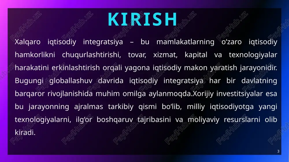 alar bozor iqtisodiyotida raqobat muhitini shakllantirishda katalizator vazifasini bajaradi. ular yangi ishtirokchilarni jalb qilib, mahalliy bozorlarni diversifikatsiya qiladi va monopoliyalarni buzadi. o'zbekistonda so'nggi yillarda amalga oshirilgan islohotlar – valyuta bozorini liberallashtirish, maxsus iqtisodiy zonalarni tashkil etish va davlat mulkini xususiylashtirish – xorijiy investorlarni jalb qilishga xizmat qildi. 10 10 11 o‘zbekistonda xorijiy investitsiyalardan samarali foydalanish yo‘nalishlari o‘zbekiston respublikasi iqtisodiyotini rivojlantirishda xorijiy investitsiyalarning roli tobora ortib bormoqda. mamlakatning strategik joylashuvi, boy tabiiy resurslari va faol islohotlari xorijiy sarmoyadorlarni jalb etish uchun qulay zamin yaratmoqda. 2024-yilda xorijiy to‘g‘ridan-to‘g‘ri investitsiyalar (xti) hajmi 50 foizdan ortiq o‘sib, 12 milliard dollarga yetdi, bu esa iqtisodiy o‘sishning 6,5 foizini ta’minlashda muhim omil bo‘ldi. investitsiyalarni jalb etish va ularni samarali boshqarish orqali o‘zbekiston 2030-yilga qadar yaim ni 200 milliard dollarga yetkazish va aholiga jon boshiga yaim ni 5000 dollarga ko‘tarish kabi maqsadlarga erishishni rejalashtirmoqda. 12 yo‘nalish mazmuni natijasi xorijiy investitsiya chet el kapitalini jalb etish ishlab chiqarish …