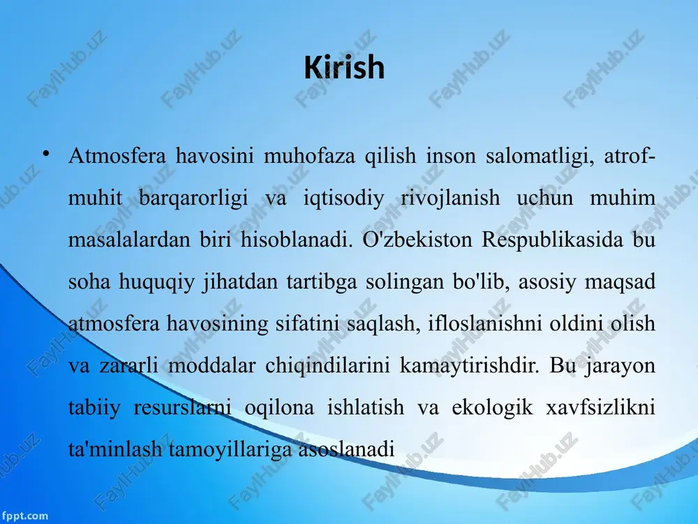 loslangan havo bolalar va keksa odamlarda allergiya va astmani kuchaytiradi, va global miqyosda millionlab o'limlarga sabab bo'ladi. atmosfera havosini muhofaza qilishning huquqiy asoslari atmosfera havosini muhofaza qilish masalasi bugungi kunda global miqyosda eng dolzarb ekologik muammolardan biri sifatida ko‘zga tashlanadi, chunki sanoat rivoji, shaharlashtirish va iqlim o‘zgarishlari natijasida havo sifati jiddiy xavf ostida qolmoqda. o‘zbekiston respublikasida bu soha huquqiy jihatdan mustahkam asoslarga ega bo‘lib, konstitutsiyaviy normalardan tortib maxsus qonunlargacha bo‘lgan tizim orqali tartibga solinadi. atmosfera havosini muhofaza qilishda xalqaro huquqiy me’yorlar atmosfera havosi – insoniyatning umumiy boyligi bo‘lib, uning ifloslanishi va iqlim o‘zgarishi butun sayyoramizdagi hayotga jiddiy tahdid solmoqda. xalqaro huquqiy me’yorlar bu sohada global hamkorlikni ta’minlash uchun muhim asos bo‘lib xizmat qiladi. ular nafaqat emissiyalarni kamaytirish, balki ekologik barqarorlikni ta’minlashga qaratilgan. ushbu bobda xalqaro huquqiy normalarning asosiy hujjatlari va ularning amaliy ahamiyati chuqur tahlil qilinadi. konstitutsiya va boshqa normativ-huquqiy hujjatlar boshqa normativ-huquqiy hujjatlar qonunni to‘ldiruvchi va batafsilroq tartibga soluvchi …