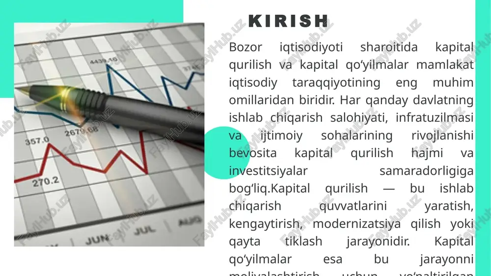 onent esa ilmiy-tadqiqot ishlari, dasturiy taʼminot va brend qiymatini oʻz ichiga oladi. moliyaviy komponent esa aksiyalar, obligatsiyalar va kreditlar orqali amalga oshiriladi. tarkibning foiziy taqsimoti mamlakatga qarab farqlanadi 8 moddiy va nomoddiy aktivlarga kapital qo‘yilmalar moddiy va nomoddiy aktivlarga kapital qoʻyilmalar iqtisodiyotning ikki tomonlama rivojlanishini aks ettiradi. moddiy aktivlarga qoʻyilmalar asosan qurilish va jihozlarga sarflanadi, bu esa jismoniy infratuzilmani yaratadi. masalan, bir elektr stansiyasi qurishga 500 million dollar investitsiya energiya taʼminotini 30 foizga oshiradi va sanoatni rivojlantiradi. nomoddiy aktivlarga qoʻyilmalar esa intellektual mulk va raqamli texnologiyalarni oʻz ichiga oladi, bu kompaniyalarni global bozorga chiqaradi. 9 kapital qurilishni moliyalashtirish manbalari 10 kapital qurilish jarayoni iqtisodiyotning asosiy tarmoqlarini rivojlantirishda muhim o'rin tutadi, chunki u yangi infratuzilma obyektlari, ishlab chiqarish quvvatlarini kengaytirish va texnologik yangilanishlarni ta'minlaydi. bu jarayonni moliyalashtirish manbalari esa loyihalarning muvaffaqiyatli amalga oshirilishi uchun zaruriy shart-sharoitlarni yaratadi. moliyalashtirish manbalarini tanlashda loyihaning o'lchami, muddati, xavf darajasi va iqtisodiy sharoitlar hisobga olinadi. umuman …