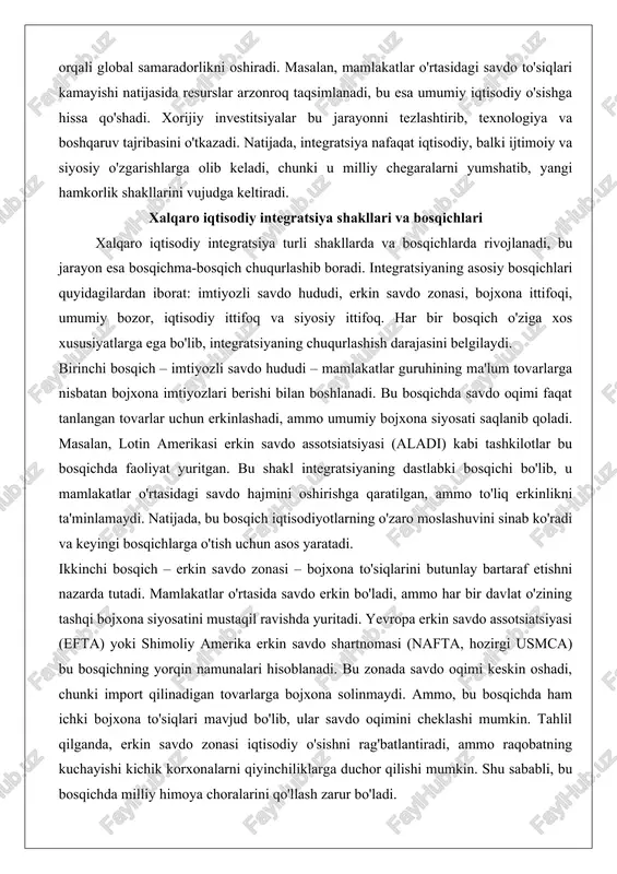 bosqichda faoliyat yuritgan. bu shakl integratsiyaning dastlabki bosqichi bo'lib, u mamlakatlar o'rtasidagi savdo hajmini oshirishga qaratilgan, ammo to'liq erkinlikni ta'minlamaydi. natijada, bu bosqich iqtisodiyotlarning o'zaro moslashuvini sinab ko'radi va keyingi bosqichlarga o'tish uchun asos yaratadi. ikkinchi bosqich – erkin savdo zonasi – bojxona to'siqlarini butunlay bartaraf etishni nazarda tutadi. mamlakatlar o'rtasida savdo erkin bo'ladi, ammo har bir davlat o'zining tashqi bojxona siyosatini mustaqil ravishda yuritadi. yevropa erkin savdo assotsiatsiyasi (efta) yoki shimoliy amerika erkin savdo shartnomasi (nafta, hozirgi usmca) bu bosqichning yorqin namunalari hisoblanadi. bu zonada savdo oqimi keskin oshadi, chunki import qilinadigan tovarlarga bojxona solinmaydi. ammo, bu bosqichda ham ichki bojxona to'siqlari mavjud bo'lib, ular savdo oqimini cheklashi mumkin. tahlil qilganda, erkin savdo zonasi iqtisodiy o'sishni rag'batlantiradi, ammo raqobatning kuchayishi kichik korxonalarni qiyinchiliklarga duchor qilishi mumkin. shu sababli, bu bosqichda milliy himoya choralarini qo'llash zarur bo'ladi. uchinchi bosqich – bojxona ittifoqi – erkin savdo zonasiga qo'shimcha ravishda umumiy tashqi …
