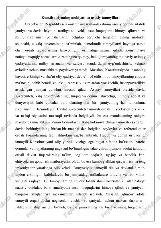 a xalqni davlat hokimiyatining birdan-bir manbai deb belgilab, saylovlar va referendumlar orqali fuqarolarning faol ishtirokini rag’batlantiradi. huquq va qonun ustuvorligi tamoyili konstitutsiyani oliy yuridik kuchga ega hujjat sifatida ko’rsatib, barcha qonunlar va hujjatlarning unga zid bo’lmasligini talab qiladi. ijtimoiy adolat tamoyili orqali davlat fuqarolarning ta’lim, sog’liqni saqlash, uy-joy va bandlik kabi ehtiyojlarini qondirish majburiyatini oladi, bu esa kambag’allikni qisqartirish va teng imkoniyatlar yaratishga olib keladi. dunyoviylik tamoyili din va davlatni ajratib, vijdon erkinligini kafolatlaydi, bu jamiyatdagi millatlararo totuvlik va fikr xilma-xilligini saqlaydi. bu tamoyillarning chuqur tahlili shuni ko’rsatadiki, ular nafaqat nazariy qoidalar, balki amaliyotda inson huquqlarini himoya qilish va jamiyatni barqaror rivojlantirish mexanizmlari sifatida ishlaydi. masalan, ijtimoiy adolat tamoyili orqali davlat nogironlar, yoshlar va qariyalar uchun maxsus dasturlarni ishlab chiqishga majbur bo’ladi, bu esa jamiyatning har bir a’zosining huquqlarini teng ta’minlaydi. konstitutsiyaning mohiyati va tamoyillari yangi tahrirda yanada kengaytirilgan bo’lib, 2023 yilgi referendum orqali xalqning o’zi tomonidan qabul qilingani, uning …