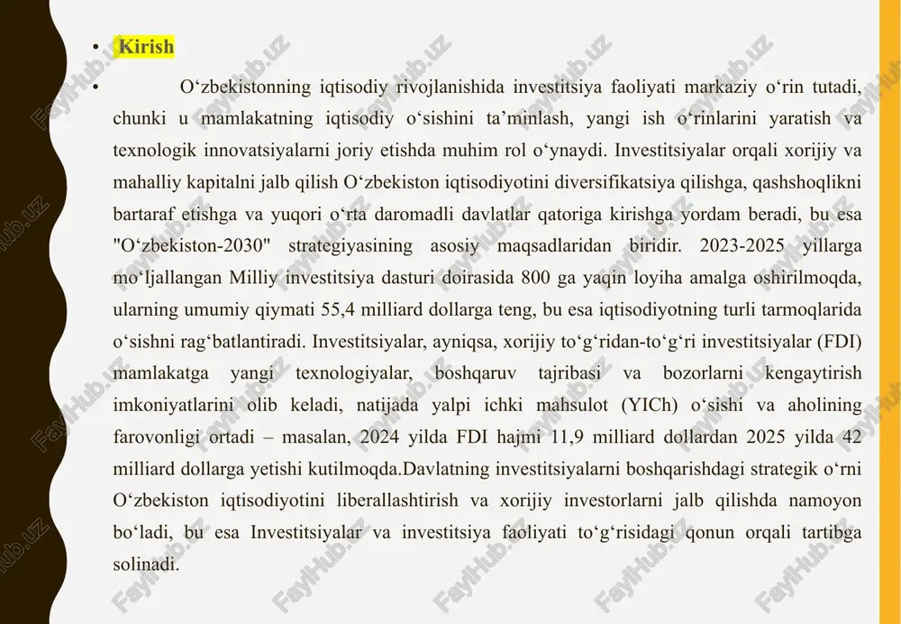 tlar maxsus iqtisodiy zonalar qonunchiligiga asos bo‘lib, u yerda investorlar 10 yilgacha soliq imtiyozlariga ega bo‘ladi. real hayotiy holatlarda, bu qonunlar asosida energetika loyihalari amalga oshirildi, bu esa investitsiyalarni jalb qildi.boshqa muhim hujjatlar orasida “xorijiy investitsiyalar to‘g‘risida”gi qonun va turli farmonlar mavjud, ular investitsiya loyihalarini ro‘yxatdan o‘tkazish va monitoringni tartibga soladi. davlatning investitsiya siyosatini muvofiqlashtirishdagi ro’li o‘zbekiston respublikasida investitsiya faoliyatini rivojlantirish va uni samarali boshqarish jarayonida davlatning ro’li muhim ahamiyat kasb etadi. davlat siyosati orqali investitsiyalarni jalb qilish, ularni iqtisodiyotning ustuvor tarmoqlariga yo‘naltirish va xorijiy kapitalni o‘zlashtirish bo‘yicha tizimli chora-tadbirlar amalga oshirilmoqda. bu jarayon mamlakat iqtisodiyotini modernizatsiya qilish, ishlab chiqarish quvvatlarini oshirish va aholi farovonligini ta’minlashga xizmat qiladi. davlatning muvofiqlashtiruvchi funksiyasi qonun hujjatlari, idoraviy tuzilmalar va moliyaviy mexanizmlar orqali ta’minlanadi, bu esa investorlar uchun qulay muhit yaratishga asos bo‘ladi. investitsiya dasturlari va milliy loyihalar tizimi o‘zbekiston respublikasida investitsiya dasturlari va milliy loyihalar tizimi davlat siyosatining asosiy yo‘nalishlaridan biri hisoblanadi. bu …
