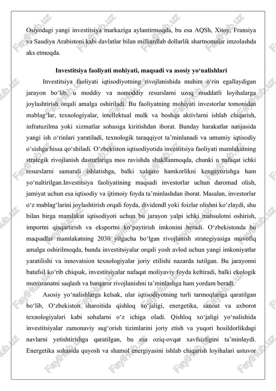 otni oshirish, importni qisqartirish va eksportni ko‘paytirish imkonini beradi. o‘zbekistonda bu maqsadlar mamlakatning 2030 yilgacha bo‘lgan rivojlanish strategiyasiga muvofiq amalga oshirilmoqda, bunda investitsiyalar orqali yosh avlod uchun yangi imkoniyatlar yaratilishi va innovatsion texnologiyalar joriy etilishi nazarda tutilgan. bu jarayonni batafsil ko‘rib chiqsak, investitsiyalar nafaqat moliyaviy foyda keltiradi, balki ekologik muvozanatni saqlash va barqaror rivojlanishni ta’minlashga ham yordam beradi. asosiy yo‘nalishlarga kelsak, ular iqtisodiyotning turli tarmoqlariga qaratilgan bo‘lib, o‘zbekiston sharoitida qishloq xo‘jaligi, energetika, sanoat va axborot texnologiyalari kabi sohalarni o‘z ichiga oladi. qishloq xo‘jaligi yo‘nalishida investitsiyalar zamonaviy sug‘orish tizimlarini joriy etish va yuqori hosildorlikdagi navlarni yetishtirishga qaratilgan, bu esa oziq-ovqat xavfsizligini ta’minlaydi. energetika sohasida quyosh va shamol energiyasini ishlab chiqarish loyihalari ustuvor ahamiyatga ega, chunki mamlakat tabiiy resurslarga boy va barqaror energiya manbalariga o‘tishni maqsad qilgan. sanoat yo‘nalishida kimyo va farmatsevtika tarmoqlarida investitsiyalar yangi zavodlar qurish va texnologiyalarni modernizatsiya qilishga yo‘naltirilgan. axborot texnologiyalari sohasida esa raqamli iqtisodiyotni rivojlantirish, fintech va elektron …