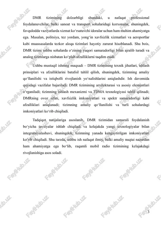 lish va signallarni shifrlash imkonini beradi. raqamli aloqa vositalari tezkor va ishonchli ishlash xususiyatiga ega bo‘lib, ayniqsa jamoat xavfsizligi, tijorat va sanoat tarmoqlarida qo‘llaniladi. dmr tizimi ikki asosiy platformadan iborat: baza stansiyalari va mobil qurilmalar. baza stansiyalari radio signallarini qabul qiladi, ularni markaziy boshqaruv tizimiga uzatadi va shuningdek, boshqa mobil qurilmalar bilan aloqa o‘rnatishga yordam beradi. mobil qurilmalar foydalanuvchilarga biror hududda tezkor va uzluksiz aloqa imkonini beradi. dmr tizimi raqamli formatni qo‘llash orqali bir nechta foydalanuvchi signallarini bir vaqtning o‘zida uzatishga imkon yaratadi. bu tizimda kanallar samarali ishlatiladi va spektrdan foydalanish darajasi oshiriladi. shu bilan birga tizim raqamli siqishni va kodlash texnologiyalarini qo‘llab, shovqinni kamaytiradi va ovoz sifatini yaxshilaydi. digital mobile radio tizimi xalqaro standartlargamuvofiq ishlab chiqilgan bo‘lib, uni turli mamlakatlar va korxonalaro‘zarointegratsiya qilish imkoniga ega. dmr tizimi foydalanuvchilarga qator afzalliklarni taklif etadi. ulardan biri bu keng qamrovli hududda uzluksiz aloqa imkoniyati. shu bilan birga, tizim ovozli va matnli ma’lumotlarni …
