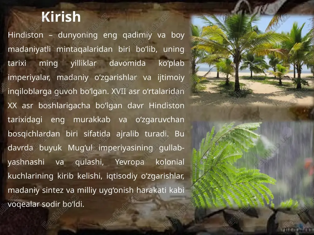 tirdi va partizan urushi orqali muxoliflar va adilshohiylarga qarshi kurashdi. 1665 yilda suratni talon-taroj qilish va 1681–1707 yillardagi dekkan urushlari, shu jumladan, sambhajining 1689 yilda qatl etilishi va rajaramning gingidagi qarshiligi muhim voqealar edi. xviii asr oxiri – xix asrda britaniya mustamlakachiligi xviii asrning oxiri va xix asr davrida hindistonning siyosiy va iqtisodiy holati tubdan o’zgardi. bu davrda britaniya imperiyasining mustamlakachilik siyosati kuchayib, mamlakatning katta qismini egallab oldi. ingliz ost-indiya kompaniyasi orqali boshlangan bu jarayon, keyinchalik to’g’ridan-to’g’ri qirollik hukmronligiga o’tdi.. bu o’zgarishlar hindiston jamiyatining ijtimoiy-iqtisodiy tuzumiga chuqur ta’sir ko’rsatdi va mamlakatning mustaqillik harakatlariga asos bo’ldi. mustamlaka boshqaruv tizimi va iqtisodiy ekspluatatsiya siyosati britaniya mustamlakachilik boshqaruv tizimi xviii asr oxirida ingliz ost-indiya kompaniyasi orqali shakllandi va xix asrda to’liq mustahkamladi. boshqaruv markazlashtirilgan bo’lib, general-gubernator kalkuttada joylashgan edi. u britaniya hukumati oldida hisobot berardi. provinsiyalar – bengal, madras va bombay presidensiyalari – gubernatorlar tomonidan boshqarilardi. har bir provinsiya bo’linmalar va tumanlarga ajratilgan …
