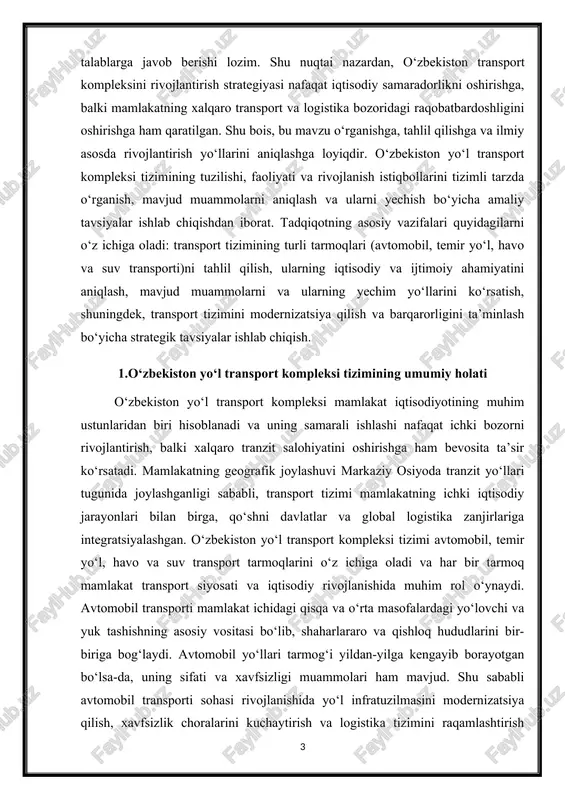 bilan birga, qo‘shni davlatlar va global logistika zanjirlariga integratsiyalashgan. o‘zbekiston yo‘l transport kompleksi tizimi avtomobil, temir yo‘l, havo va suv transport tarmoqlarini o‘z ichiga oladi va har bir tarmoq mamlakat transport siyosati va iqtisodiy rivojlanishida muhim rol o‘ynaydi. avtomobil transporti mamlakat ichidagi qisqa va o‘rta masofalardagi yo‘lovchi va yuk tashishning asosiy vositasi bo‘lib, shaharlararo va qishloq hududlarini bir-biriga bog‘laydi. avtomobil yo‘llari tarmog‘i yildan-yilga kengayib borayotgan bo‘lsa-da, uning sifati va xavfsizligi muammolari ham mavjud. shu sababli avtomobil transporti sohasi rivojlanishida yo‘l infratuzilmasini modernizatsiya qilish, xavfsizlik choralarini kuchaytirish va logistika tizimini raqamlashtirish asosiy yo‘nalishlardan biri hisoblanadi. yuk tashish transporti mahsulotlar va xom ashyoni tez va samarali yetkazib berishda muhim ahamiyatga ega bo‘lib, ichki bozor bilan bir qatorda eksport-import jarayonlarini ham qo‘llab-quvvatlaydi. 1.1 rasm temir yo‘l transporti esa uzoq masofali yuk va yo‘lovchi tashishning eng samarali vositasi sifatida ajralib turadi. o‘zbekiston temir yo‘l tarmog‘i mamlakatni iqtisodiy markazlar va sanoat hududlari bilan bog‘laydi, shuningdek, …