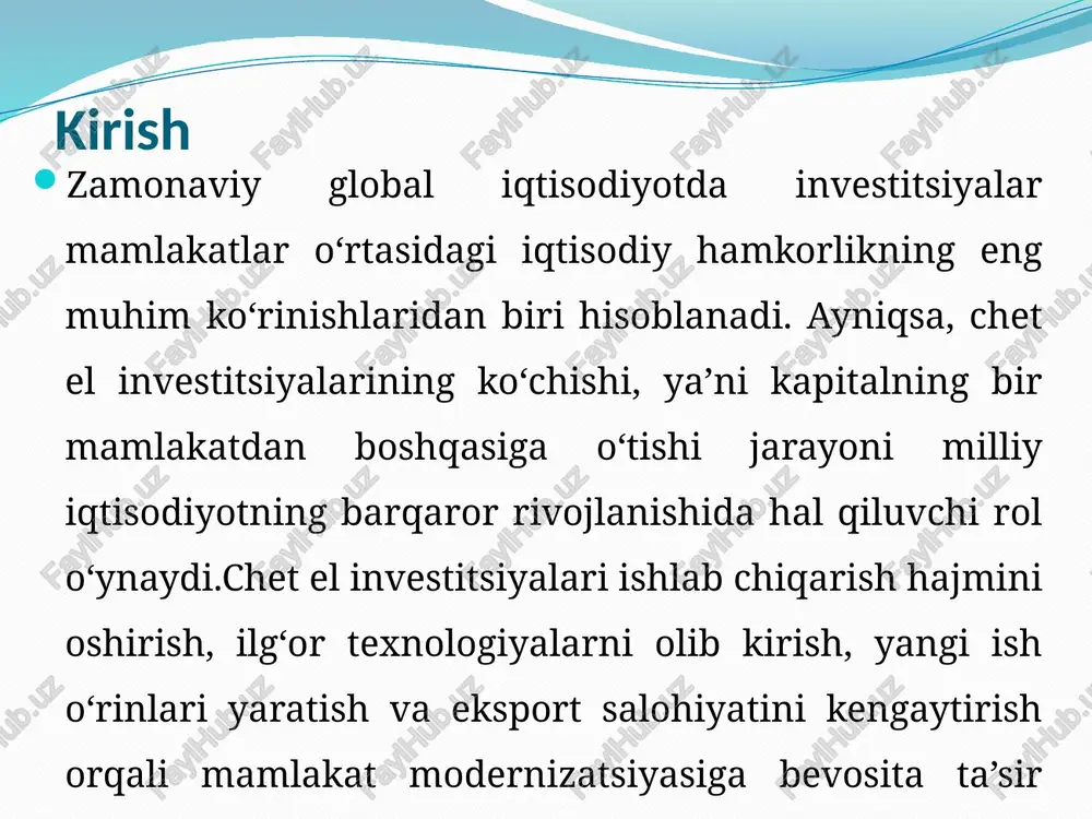 ab chiqilgan strategik yondashuv tushuniladi. bu siyosatning mohiyati iqtisodiy faoliyatni rag'batlantirish, xavf-xatarlarni minimallashtirish va jamiyatning umumiy farovonligini oshirishga qaratilgan bo'lib, u nafaqat ichki resurslarni, balki xalqaro kapital oqimlarini ham hisobga oladi. investitsion siyosatning asosiy tamoyillari uning samarali amalga oshirilishi uchun asos bo'lib xizmat qiladi va bu tamoyillar iqtisodiy nazariya va amaliyotdan kelib chiqadi. birinchi tamoyil barqarorlik tamoyili bo'lib, u investitsiyalarning uzoq muddatli tabiatini hisobga olgan holda, siyosatni doimiy ravishda rivojlantirishni talab qiladi. ikkinchi tamoyil samaradorlik tamoyili, ya'ni resurslarni eng yuqori daromad keltiradigan loyihalarga yo'naltirish uchinchi tamoyil xavf-xatarlarni boshqarish tamoyili bo'lib, u investitsiyalarning potentsial yo'qotishlarini oldindan baholashni nazarda tutadi. to'rtinchi tamoyil – shaffoflik va ochiqlik tamoyili, investorlar ishonchini oshirish uchun huquqiy va ma'lumotli muhitni ta'minlaydi beshinchi tamoyil – ijtimoiy mas'uliyat tamoyili bo'lib, u investitsiyalarni ekologik va ijtimoiy jihatlarni hisobga olgan holda amalga oshirishni talab qiladi. zamonaviy investitsiya siyosatining ustuvor yo‘nalishlari va chet el investitsiyalarining iqtisodiyotga ta’siri o‘zbekiston respublikasi iqtisodiyotining barqaror rivojlanishi …