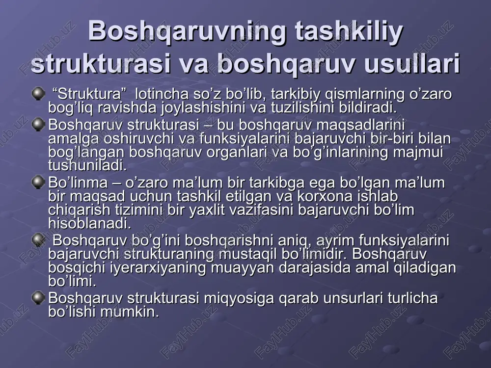 i struktura tugatiladi. loyiha bo’yicha boshqarish muntazam rahbarlikni aniqlashtiradi. kichik bo’limlarga ajratiladi yoki to’ldiriladi. mahsulotga ko’ra boshqaruv bu bozor iqtisodiyoti sharoitida ishlab chiqarilayotgan mahsulot to’liq bozor talabiga javob berishi uchun rahbar qarorlarni mahsulot sotish hajmiga qarab qabul qiladi. 1. yangi mahsulotni yaratish. 2. reklama qilish. 3. bozorni o’rganish. 4. sotish. 5. moliya. 6. ishlab chiqarish. matritsaviy boshqarish tizimi quyidagi afzalliklarga ega: gorizontal aloqalarning davomiyligi qisqaradi. qaror qabul qilish tezlashadi va menejerlarning mas’uliyati yuqori bo’ladi. ishlab chiqarish ichki tashqi sharoitlarga tez moslashadi. bo’ysunish asosida boshqariladi va yakkaboshchilik prinsipi amalga oshiriladi. boshqaruv usullari. boshqarish usullari haqida tushuncha boshqarishni iqtisodiy usullari. boshqarishni tashkiliy farmoyish usuli. boshqarishni ijtimoiy-psixologik usullari. usul – bu tadqiqot qilish, ta’sir ko’rsatish yo’li. boshqaruv usuli – bu xodimlarga va jamoa ishlab chiqarishiga qo’yilgan maqsadlarga erishish uchun ta’sir etish usuli. boshqarishning tashkiliy-ma’muriy usullariga quyidagi funksiyalarni bajarish kiradi: - boshqarish apparatini muayyan strukturasini yaratish; - har bir bo’g’inning funksiyasini belgilash; - buyruqlar, …