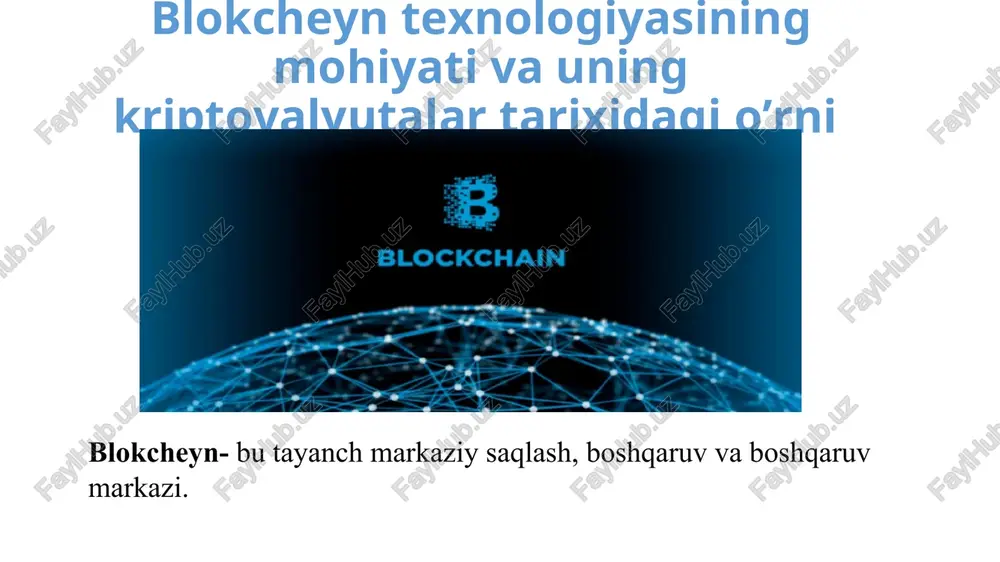 ta yoki biror-bir ma’lumotni blokcheyn orqali jo‘natgan bo‘lsangiz, bunday jo‘natma haqida ma’lumotni o‘zgartirish yoki qalbakilashtirishning umuman imkoni yo‘q. chunki bu jarayon butun dunyo bo‘yicha yuz minglab kompyuterlar tomonidan tasdiqlanadi blokcheyn nima? * aynan ushbu kompyuterlarda ushbu ma’lumotning ko‘plab nusxalari saqlanadi — ular bilan istalgan foydalanuvchi istalgan vaqtda tanishishi mumkin. jo‘natma jarayoni markazlashmagan holda bor-yo‘g‘i bir necha daqiqa vaqt oladi va bank jo‘natmasidan bir necha o‘n marta arzondir. agar siz pullarni yoki qandaydir ma’lumotni blokcheynda saqlasangiz, ushbu qaydlar hech qachon yo‘qolib ketmaydi yoki soxtalashtirilmaydi. bozorning istalgan ishtirokchisi istalgan daqiqada moliyaviy ahvolingizga ishonch hosil qilishi mumkin. blokchenda hech qanday uchinchi tomon yoki vositachi ishtirokisiz, to‘liq shaffoflik va hisoblar aniqligining matematik kafolati ta’minlab beriladi. blokcheyn nima? * 1. kim-oshdi savdosini uyushtirishda 2. yer kadastrini yuritishda 3. sog’liqni saqlashni boshqarishda 4. dorixonalardagi dori vositalarini nazorat qilishda 5. turli xil mahsulotlar sadvo jarayonida 6. buxgalteriya va auditni amalga oshirishda 7. bank ishini yuritishda 8. pul …