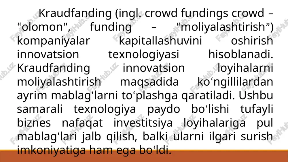 huv – boshqa odamlar bilan o‘zaro aloqalarni amalga oshirish. 9. sevimli ish bilan shug‘ullanish imkoniyati. 10. o‘zini ifodalash. 11. internetda imij yaratish. 12. rezyume kapitallashuvini oshirish. 13. nufuzni kuchaytirish. mamlakat iqtisodiyoti uchun foyda: 1. ijtimoiy ahamiyatga molik kapital, mehnat va bilim sig‘imi katta bo‘lgan vazifalarni hal qilish. 2. meritokratiya. 3. kraudsorsing mahsulot/xizmat/loyihasiga qo‘shimcha talab iste’molning o‘sishiga olib keladi. 4. jamiyat a’zolarida innovatsion fikrlash rivojlanadi. 5. innovatsiyalar tezlashuvi ro‘y beradi.