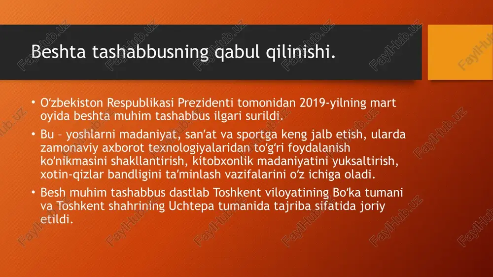 netdan foydalanishini tashkil etish maqsadida 72 ta “raqamli texnologiyalar oʻquv markazi” faoliyati yoʻlga qoʻyilganligi ham yoshlarimiz uchun yangi imkoniyatlar eshigini ochmoqda. beshta tashabbus doirasida qilingan ishlar. toʻrtinchi tashabbus – yoshlar maʼnaviyatini yuksaltirish, ular orasida kitobxonlikni keng targʻib qilish boʻyicha ham koʻplab ishlar amalga oshirilmoqda. jumladan, “maʼrifat karvoni” tadbirlari doirasida 3 mln dan ortiq kitoblar yoshlarga yetkazib berildi, “yoshlar kutubxonasi” rukni ostida 59 ta nomdagi 590 ming dona badiiy adabiyotlar chop etilib, respublikamizdagi barcha taʼlim muassasalari kutubxonalariga tarqatildi. beshta tashabbus doirasida qilingan ishlar. anʼanaviy tarzda oʻtkazib kelinayotgan “yosh kitobxon” tanloviga 2017-2019-yillar davomida 2 mln. 170 mingdan ortiq yoshlar qamrab olinib, 8 nafar tanlov gʻoliblari boʻlgan yosh kitobxonlar prezident sovgʻasi “spark” avtomashinasi sovrindori boʻlganligi ham yoshlarimizni kitobxonlik ruhiga yana qaytganini yorqin isbotidir. tadbirda “yosh kitobxon” tanlovining 2020-yilgi saralash bosqichlari 23-25-dekabrʼ kunlari barcha tuman (shahar)larda oʻtkazilishi toʻgʻrisida ham maʼlumot berildi va bu jarayon online tarzda amalga oshirilishi aytib oʻtildi. beshta tashabbus doirasida qilingan …