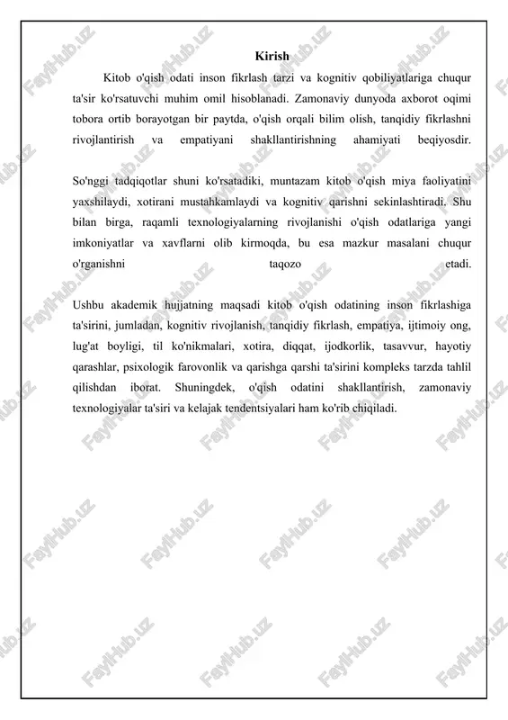 miz. biz ularning harakatlarini, sabablarini va oqibatlarini tahlil qilishga harakat qilamiz. bu esa miyaning analitik qobiliyatini kuchaytiradi. detektiv romanlarni o'qish esa, ayniqsa, analitik fikrlashni rag'batlantiradi, chunki o'quvchi voqeani tushunish va jinoyatchini aniqlash uchun turli xil dalillarni tahlil qilishi kerak. shunday qilib, o'qish miyani analitik jihatdan ishlashga o'rgatadi va muammolarni hal qilish qobiliyatini oshiradi. o'qishning miyaga ta'siri: kognitiv rivojlanish va tanqidiy fikrlash o'qish va empatiya: his-tuyg'ularning kengayishi o'qish, ayniqsa badiiy adabiyot, insonning empatiya qobiliyatini sezilarli darajada oshiradi. qahramonlarning ichki dunyosiga sho'ng'ish, ularning his-tuyg'ularini, motivlarini tushunish va ular bilan hamdard bo'lish o'quvchining boshqa odamlarning nuqtai nazarini qabul qilish qobiliyatini rivojlantiradi. empatiya ijtimoiy munosabatlarda muhim rol o'ynaydi, o'zaro tushunishni kuchaytiradi va konfliktlarni hal qilishda yordam beradi. tadqiqotlar shuni ko'rsatadiki, badiiy adabiyotni muntazam o'qib turadigan odamlarda ijtimoiy idrok yuqori bo'ladi va ular boshqalarning emotsional holatini aniqroq baholay oladilar. shuningdek, empatiya altruistik xulq-atvorni rag'batlantiradi, odamlarni boshqalarga yordam berishga va ularning manfaatlarini himoya qilishga undaydi. empatiya …
