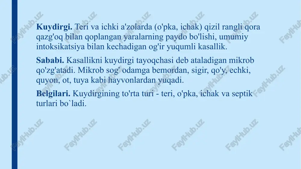 adi va yiringlaydi. bemorning qornida og'riq bo`ladi, tana harorati ko'tariladi. leptospiroz jigar, buyrak va boshqa a'zolarning yallig`lanishi, terining sarg'ayishi, teri orasiga qon quyilish nuqtalarining paydo bo`lishi, umumiy intoksikatsiya bilan kechadigan og`ir yuqumli kasallik. sababi. kasallikni leptospera deb ataluvchi mikrob qo'zg'atadi. u issiq sharoitda, ayniqsa yoz faslida ko'payadi. kemiruvchilar mikrobning manbai hisoblanadi. ular siydigi, ahlati bilan suv manbalarini, daladagi don mahsulotlarini va meva-sabzavotlarni zararlaydi. belgilari. kasallik tana haroratining to'satdan ko'tarilishi va varaja qilish bilan boshlanadi. asosiy belgilaridan biri boldirning duksimon muskullarida kuchli og'riq paydo bo`lishidir. bemorning ko'zlari qizaradi. jigar yallig`lanishi tufayli teri sarg'ayadi, qizil toshmalar paydo bo`ladi. burnidan qon oqadi, buyrakni yallig`lanishi tufayli siydikda qon bo`ladi.jigar va taloq kattalashadi. tibbiy yordam. leptospiroz bilan kasallangan bemor tez yordam chaqirilib zudlik bilan yuqumli kasalliklar shifoxonaga yuborilishi kerak.shifoxonaga yuborguncha tulyaremiyaga o`xshash birinchi tibbiy yordam ko`rsatiladi. brutsellyoz bo`g`imlarning yallig`lanib shishishi, jigar, taloq, buyrak kabi ichki a`zolarning yallig`lanishi va kattalashishi, tana haroratini ko'tarilishi bilan surunkali kechadigan …