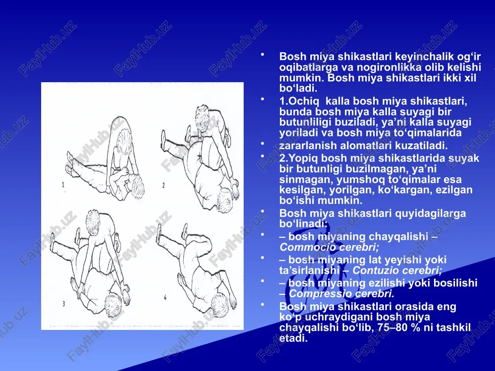soterapiya muolajalari tavsiya etiladi. shikastlanish yuz bergan joyda eng avval nafas yullarining utkazuvchanligini tahminlashga karatilgan birinchi yordam kursatilishi kerak. gipoksiya bilan birga, bosh miya shikastlanishi asoratlaridan yana biri organizmda karbonat angidrid gazining tuplanishi - giperkapniya xolati yuzaga keladi. uni oldini olish uchun maska orkali giperventillyatsiya kilish maksadga muvofik bulmaydi. shikastlanganlar transportirovka vaktida 100%li kislorod bilan nafas olishlari kerak. bosh miya shikastlanishining urta darajasida kiska muddatli ishemiya, gipoksiya yoki gipotoniya ortga kaytarib bulmaydigan uzgarishlarga olib kelishi mumkin. shuning uchun bir vaktning uzida shikastlanganlarga eritmalar tomirlarga kuyiladi. kon okishini tuxtatish uchun kattik boglam kuyiladi. kasalxonaga yotkizishga es-xushining yukotilishi, amneziya, uchokli nevrologik simptomlarning borligi, kalla suyaklarining ochik sinishlari, burun va kulokdan kon yoki likvor okishi, epileptik tutkanoklar kursatma buladi, xamda bosh ogrigiga shikoyati bulgan bemorlar kiradi. engil bosh miya shikastlanishida - bosh miya chaykalishida va bosh miyaning yengil darajada lat yeyishida - simptomatik terapiya: analg’getiklar, sedativ moddalar, uyku buzilishida uxlatuvchi dori moddalari kullaniladi. …