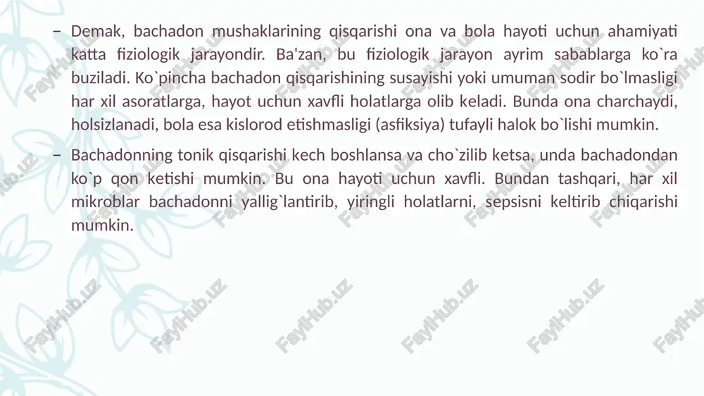 enoretseptorlarni qo`zg`atib, miometriy qisqarishini tormozlaydi. natijada tug`ruq jarayoni susayadi. shu sababli ular bevaqt, muddatidan oldin bo`ladigan tug`ruqni to`xtatish, homiladorlikni to`liq kechishini ta'minlash, homila chala tug`ilishining oldini olish maqsadida beriladi. ushbu preparatlardan fenoterol (partusisten), ritodrin va salbutamol diqqatga sazovor. bular miometriyning qisqarishini susaytirishi bilan bir qatorda boshqa a'zolardagi β2-adrenoretseptorlarni ham qo`zg`atib, bronxlarni kengaytiradi (ammo, bu ta'sir izadrin ta'siriga qaraganda ancha sustdir), me'da-ichak peristaltikasini bo’shashtiradi, yurak urishini tezlashtiradi. fenoterol enteral yo`l bilan yuborilganida ta'siri salbutamolga qaraganda tezroq boshlanadi, lekin uzoq davom etmaydi. u venaga tomchilab yuborilganida ta'siri ancha vaqtgacha cho`ziladi. ushbu ta'sirni uzaytirish maqsadida preparatning tabletkasi uzoq vaqt ichish uchun buyuriladi. antiseptik va dezinfektsiyalovchi dori vositalari antiseptik va dezinfektsiyalovchi dori vositalari antiseptika grek so`zidan olingan bo`lib, anti-qarshi, septikas-chirish ma'nosini bildiradi, dezinfektsiya esa dez-yo`q qilish, infetsere-yuqtirish degan so`zlardan iborat. antiseptik va dezinfektsiyalovchi vositalar mikroblarga qarshi ta'sirga ega bo`lgan moddalar bo`lib, ular ta'sir etish kuchi va qo`llanish usuli bo`yicha bir-biridan qisman farq qiladi. ushbu …