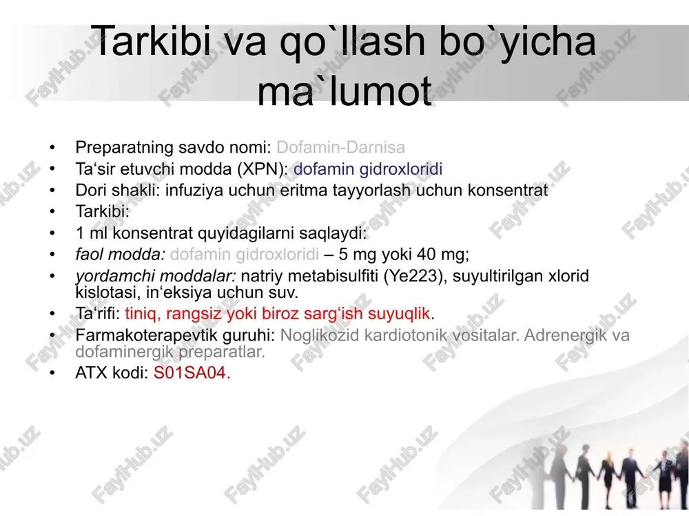 reaksiyalar, preparat teri ostiga tushganida – teri, teri osti kletchatkasining nekrozi. shuningdek mavjud qon tomir buzilishlari bo‘lgan bemorlarda periferik ishemik gangrena rivojlanishi mumkin. qo‘llash mumkin bo‘lmagan holatlar dofaminga yoki preparatning boshqa komponentlariga yuqori sezuvchanlik. feoxromositoma, tireotoksikoz. taxiaritmiya, qorinchalar fibrillyasiyasi, shuningdek qorinchalarning to‘lishiga mexanik to‘siq bilan kechuvchi holatlar. gipovolemiya (davolashni boshlashdan avval aylanib yuruvchi qonning tanqisligini to‘ldirish lozim). yopiq burchakli glaukoma. siydik tutilishi bilan kechuvchi prostata bezi giperplaziyasida qo‘llash mumkin emas. siklopropan va galogen uglevodorodlar bilan anesteziyadan saqlanish kerak. dorilarning o`zaro ta`siri: simpatomimetiklar, guanetidin – dofamin-darnisaning simpatomimetik samarasi kuchayadi. dofamin siydik haydovchi preparatlarning ta‘sirini kuchaytirishi mumkin. anesteziyalovchi vositalar –kardial nojo‘ya samaralarni rivojlanish xavfi oshadi. butirofenon, propranolol – nojo‘ya kardial samaralarni rivojlanish xavfi kamayadi. galotan va siklopropan. dofaminni galotan, siklopropan va yurak mushaklarini sezgiriligini oshiradigan ayrim boshqa anestetiklar bilan majmuada qo‘llanganida yurak qorinchalari aritmiyasi va arterial gipertenziya rivojlanishi mumkin. qalqonsimon bezi preparatlari dofamin-darnisaning musbat xronotrop ta‘sirini pasaytiradi. fenitoin yoki trisiklik antidepressantlar – …