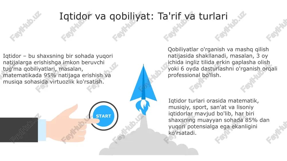 tni qo'llab-quvvatlash davlat grantlari va 5 xil stipendiya dasturlari iqtidorli talabalarga moliyaviy yordam ko'rsatish orqali ularning o'qishini davom ettirishga va 3 ta muhim loyihalarda ishtirok etishga yordam beradi. iqtidor va qobiliyatni qo'llab-quvvatlash dasturlari erta yoshdan boshlab maxsus o'quv rejalari, individual yondashuvlar va 10 dan ortiq resurs markazlari bilan ta'minlashi kerak. iqtidorli bolalar uchun respublikada har yili o'tkaziladigan olimpiadalar, 2 ta asosiy ko'rik-tanlovlar va 7 dan ortiq maxsus to'garaklar ularning mahoratini oshirishga xizmat qiladi. e'tiboringiz uchun rahmat @taqdimot_robot image1.jpeg image2.jpeg image3.jpeg image4.jpeg